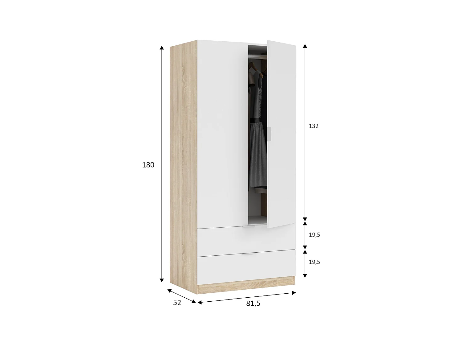 Armoire Darest, Armoire de chambre avec 2 portes et 2 tiroirs, Armoire avec tringle à vêtements, 82x52h180 cm, Blanc et Chêne