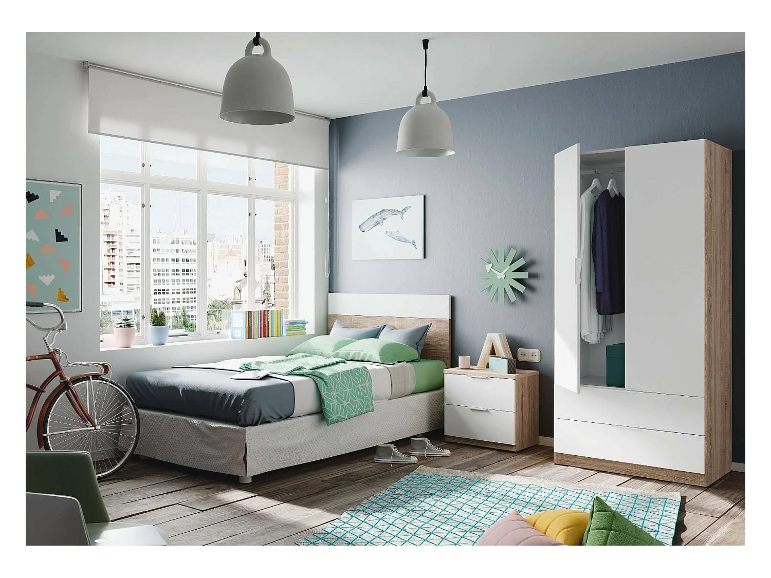 Armoire Darest, Armoire de chambre avec 2 portes et 2 tiroirs, Armoire avec tringle à vêtements, 82x52h180 cm, Blanc et Chêne