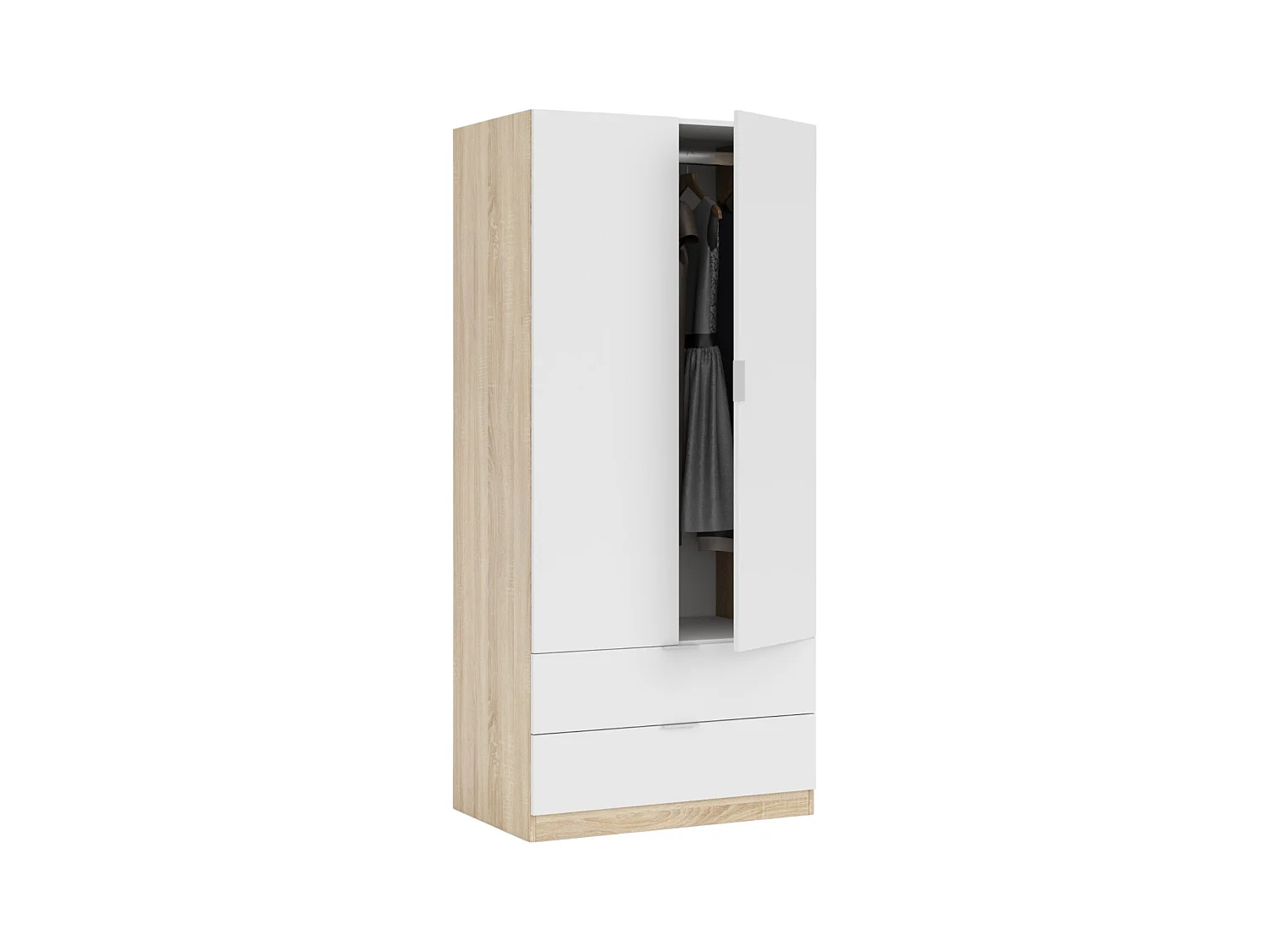 Armoire Darest, Armoire de chambre avec 2 portes et 2 tiroirs, Armoire avec tringle à vêtements, 82x52h180 cm, Blanc et Chêne