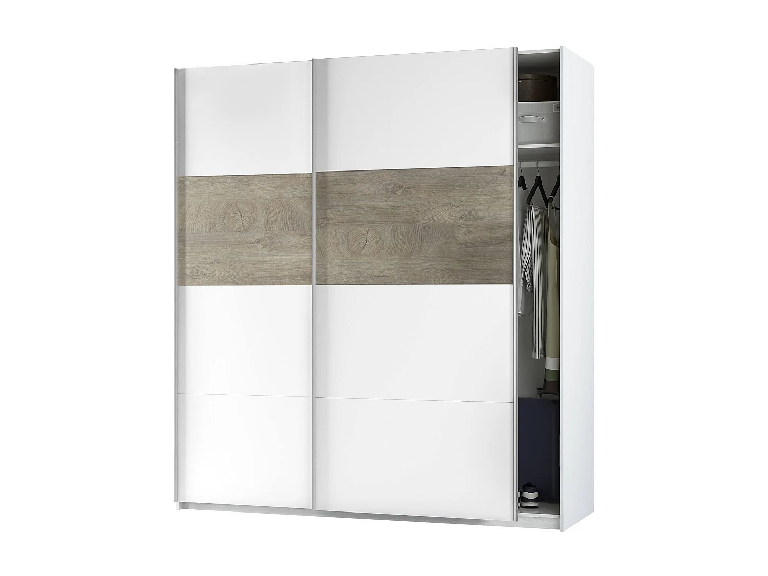 Armoire Dcioff, Armoire de chambre avec 2 portes coulissantes, Armoire avec tringle à vêtements et 3 étagères, 180X60h200 cm, Blanc et Chêne