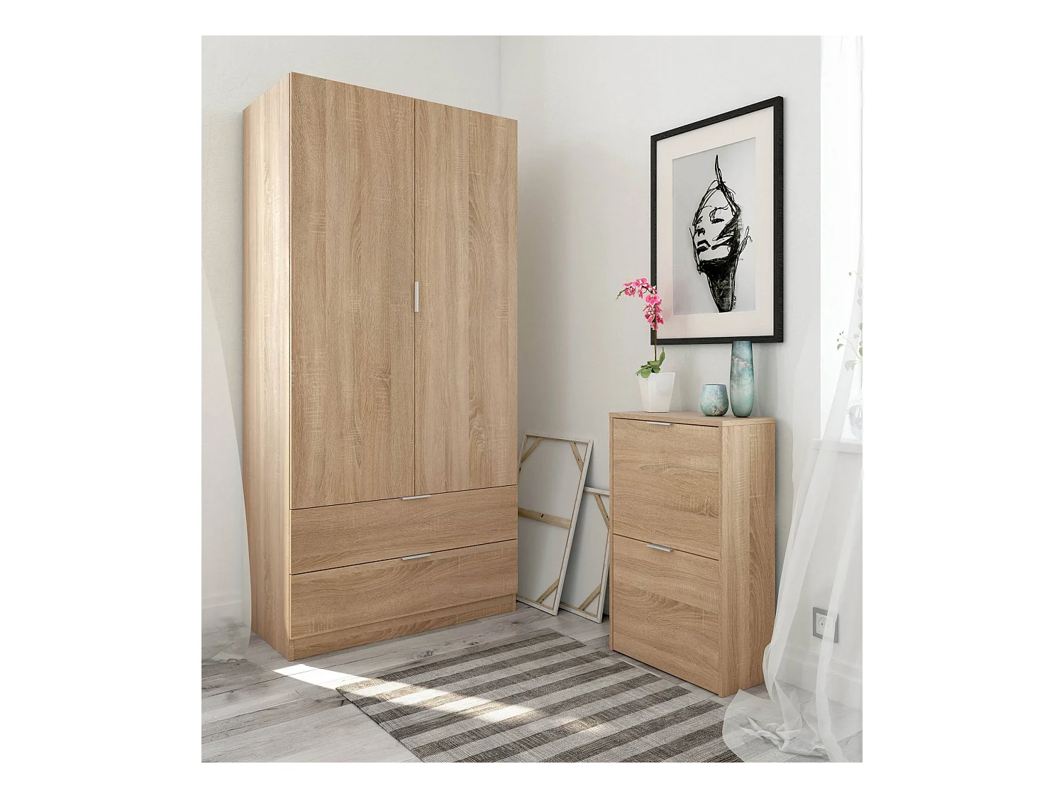 Darest kledingkast, Slaapkamerkast met 2 deuren en 2 laden, Slaapkamermeubel met ophangrail, 81x52h180 cm, Eiken