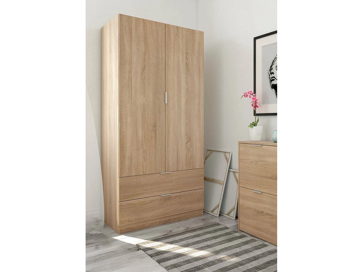 Armário Darest, Armário de quarto com 2 portas e 2 gavetas, Móveis de quarto com barra suspensa, 81x52h180 cm, Carvalho