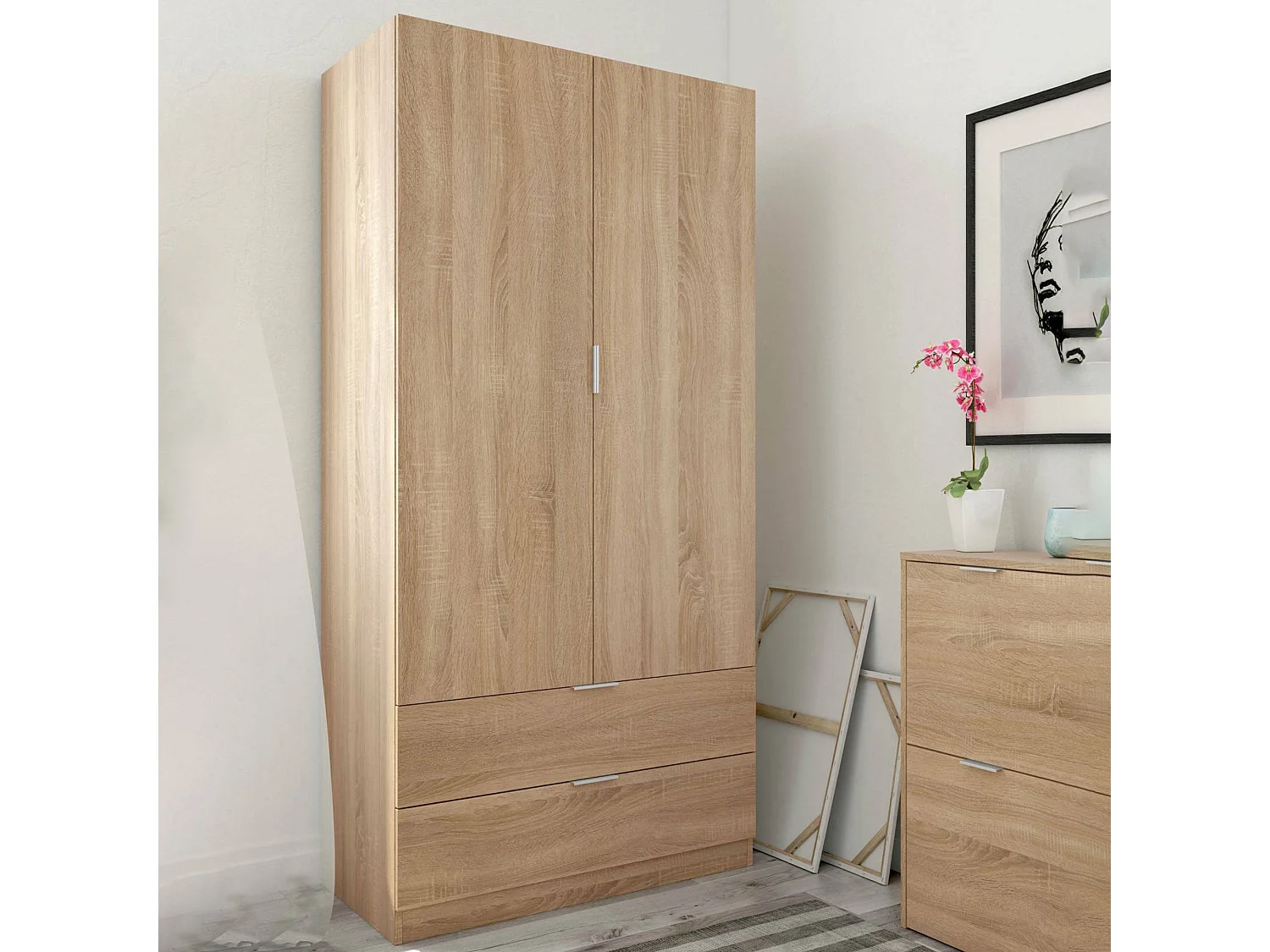 Armoire Darest, Armoire de chambre avec 2 portes et 2 tiroirs, Meubles de chambre avec penderie, 81x52h180 cm, Chêne