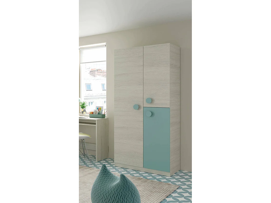 Armoire Dgorett, Armoire pour chambre d'enfant, Armoire avec 3 portes et 3 étagères avec tringle à vêtements, 90x52h200 cm, Gris et Vert Aqua