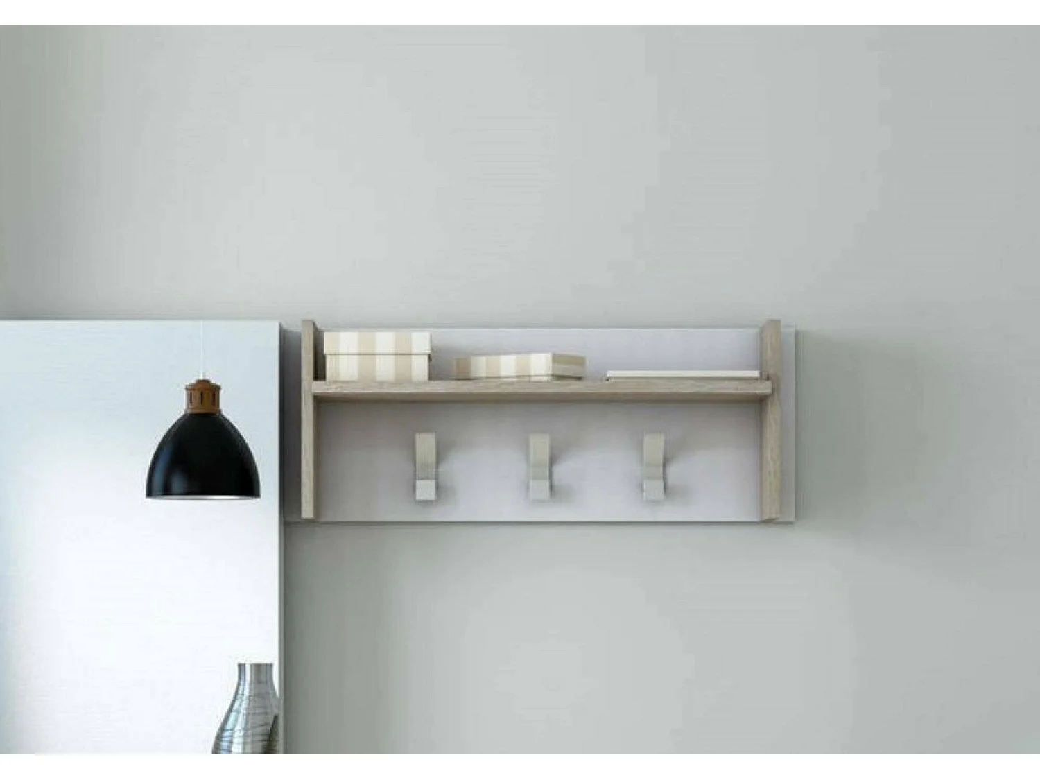 Mobilier d'entrée Dkornvi, Cintre avec 3 crochets, Etagère de rangement d'entrée, 100% Made in Italy, 90x29h34 cm, Blanc et Chêne