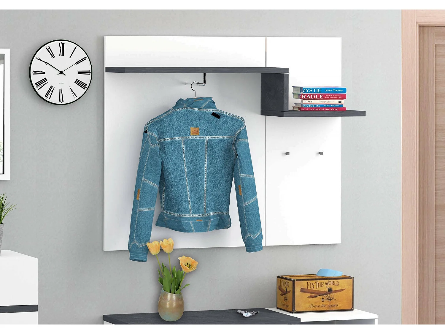 Dcugnat entreemeubilair, moderne multifunctionele entree, multifunctionele locker voor inkomhal, 100% Made in Italy, 120x30h100 cm, glanzend wit en leisteen