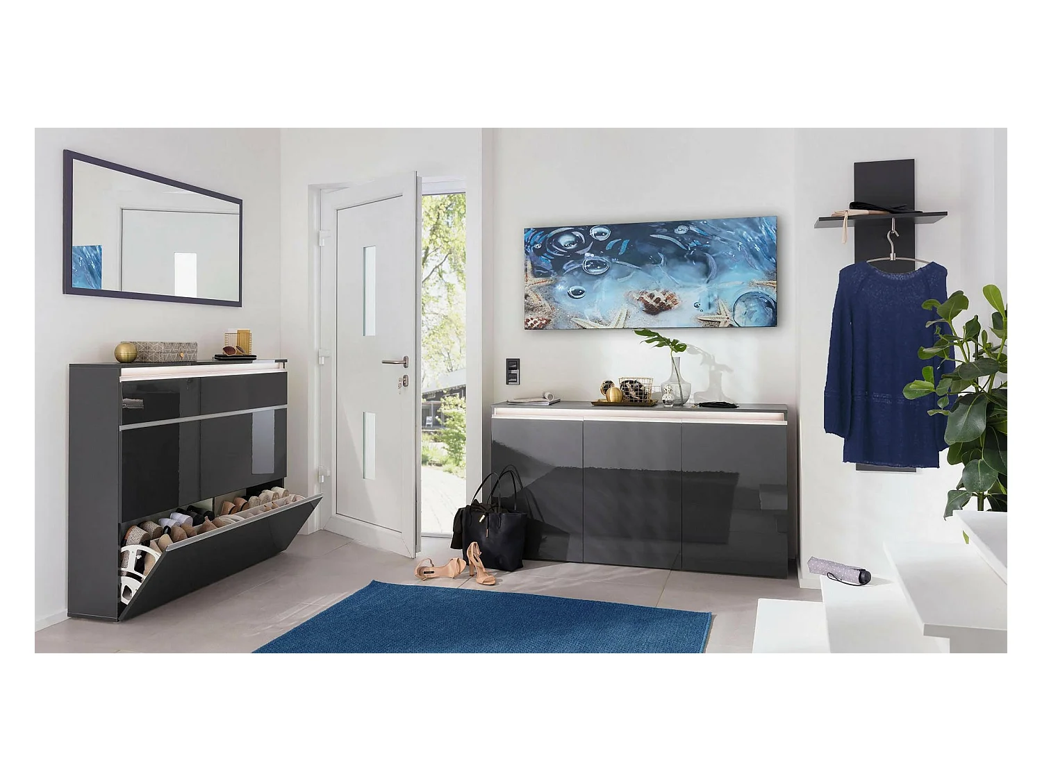 Muebles de entrada Dlentin, Recibidor multifunción moderno, Mueble multiusos para recibidor, 100% Made in Italy, cm 50x27h140, Antracita Brillo