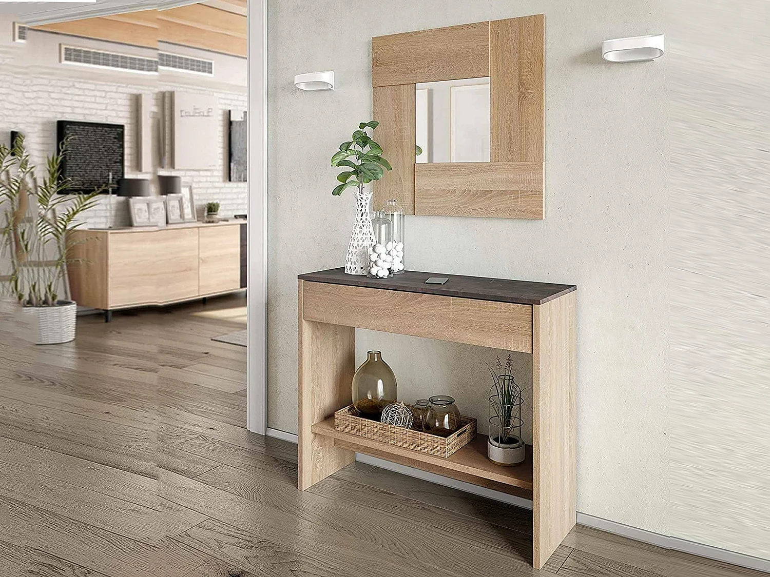 Ddrag entreekast, Entree met spiegel, Kast met lade en plank voor entree, Moderne kledingkast voor hal, 92x33h149 cm, Eiken en Walnoot
