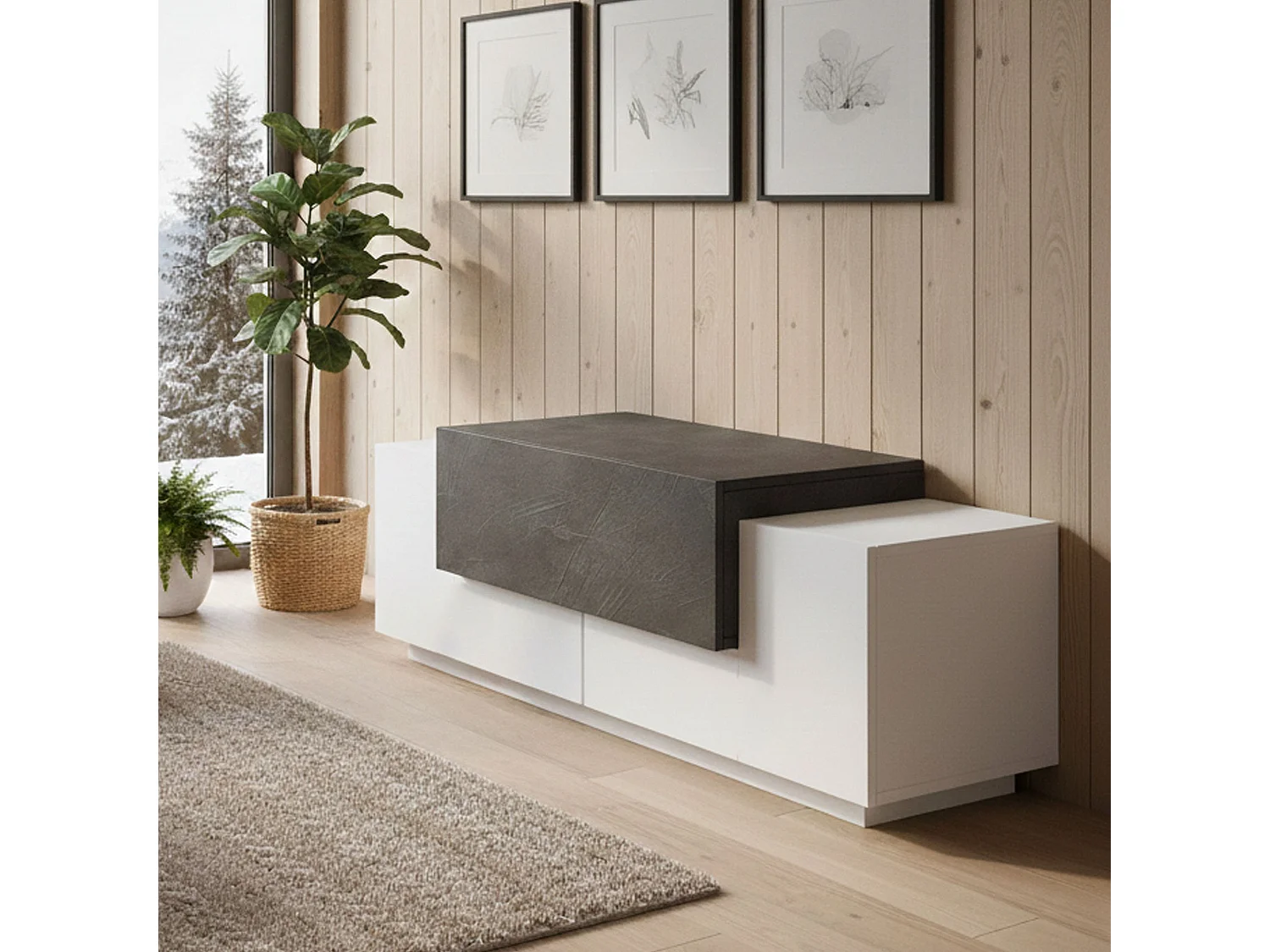 Djallo entreemeubilair, moderne multifunctionele entree, multifunctionele locker voor inkomhal, 100% Made in Italy, 120x45h46 cm, glanzend wit en leisteen