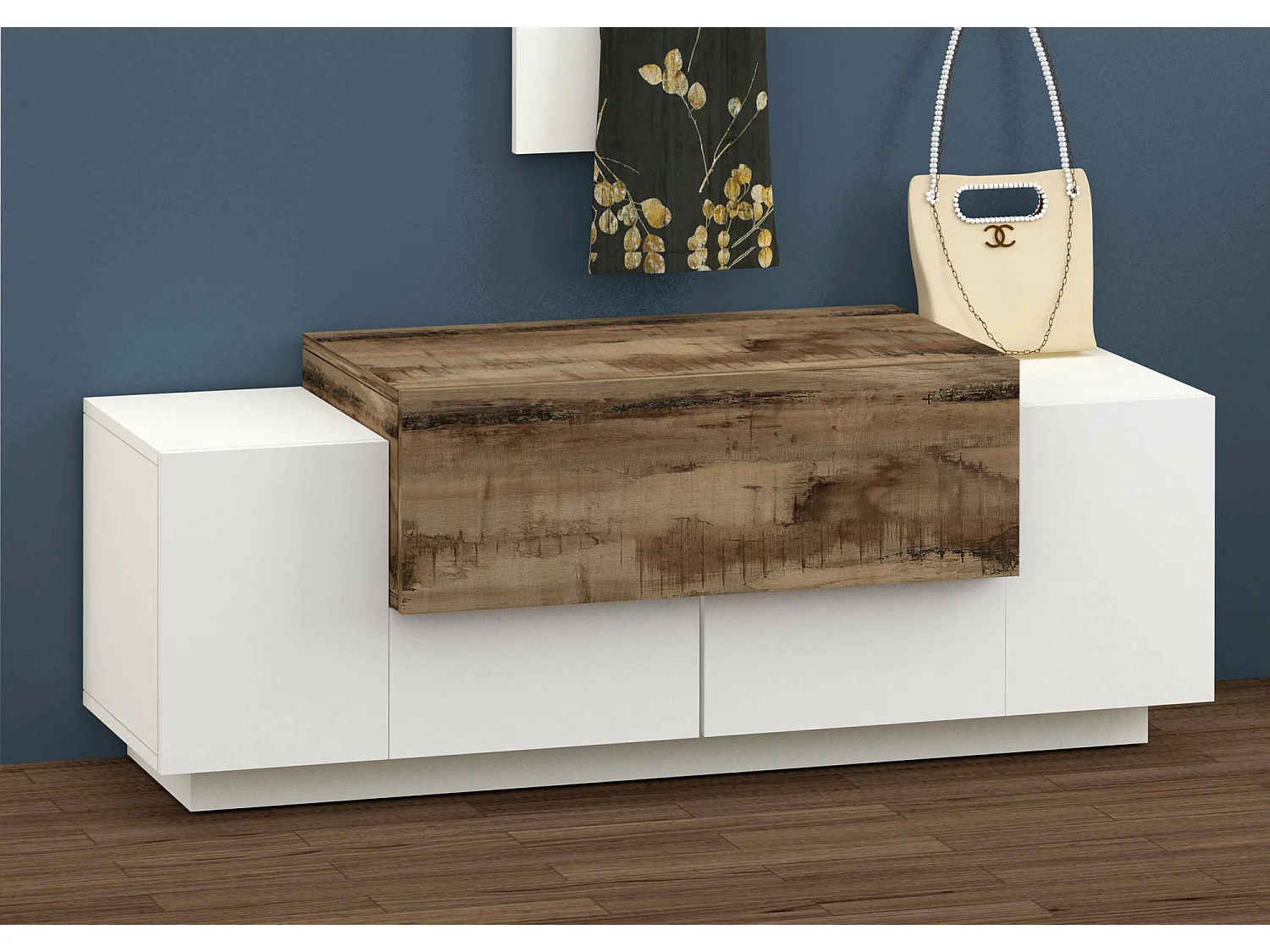 Meuble d'entrée Djallo, entrée multifonction moderne, casier polyvalent pour hall d'entrée, 100% Made in Italy, 120x45h46 cm, blanc brillant et érable