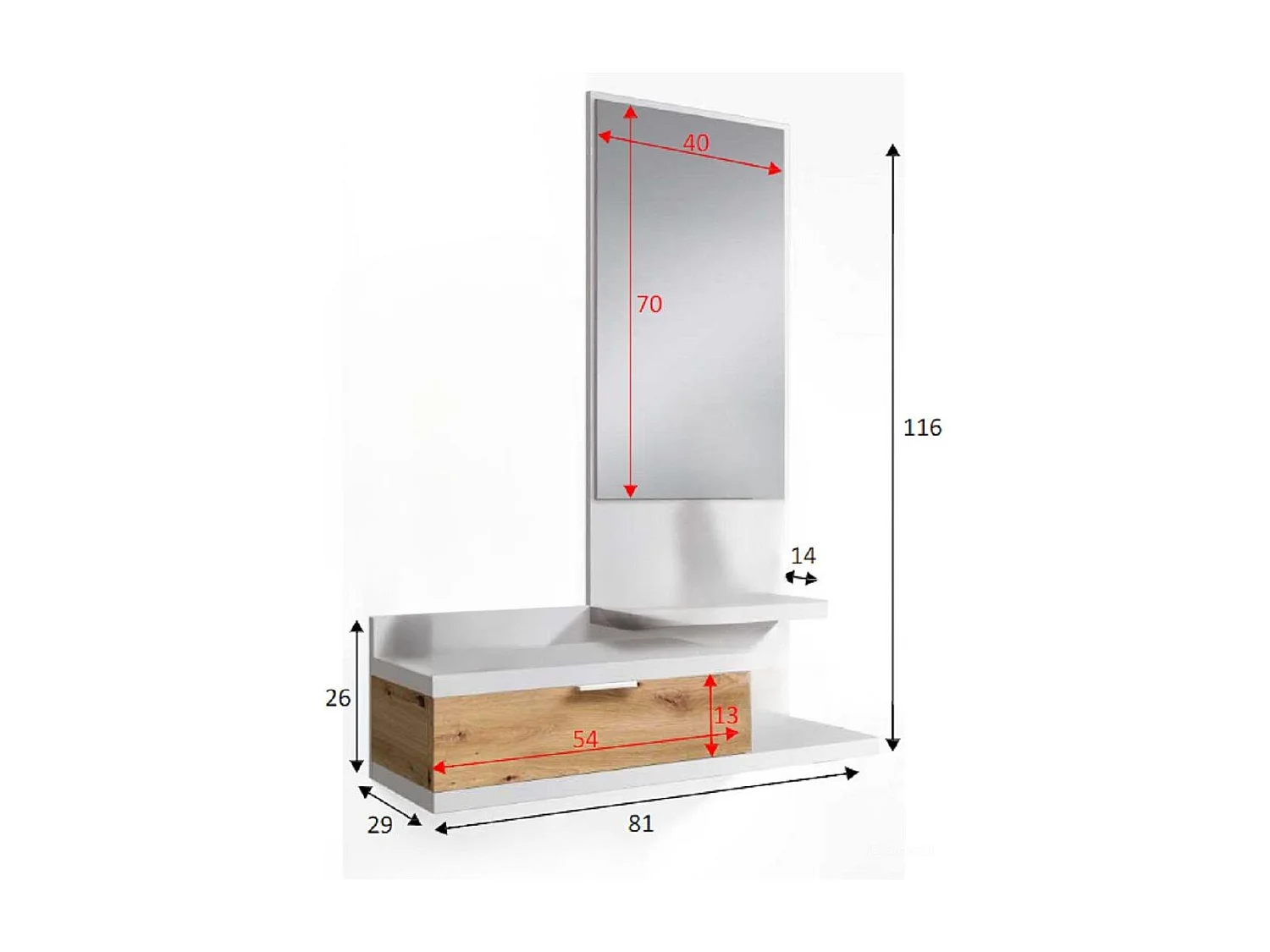 Meuble d'entrée Dmissor, Entrée avec miroir et tiroir, Plateau à poches pour hall d'entrée de petits appartements, 81x29h116 cm, Chêne blanc et noué