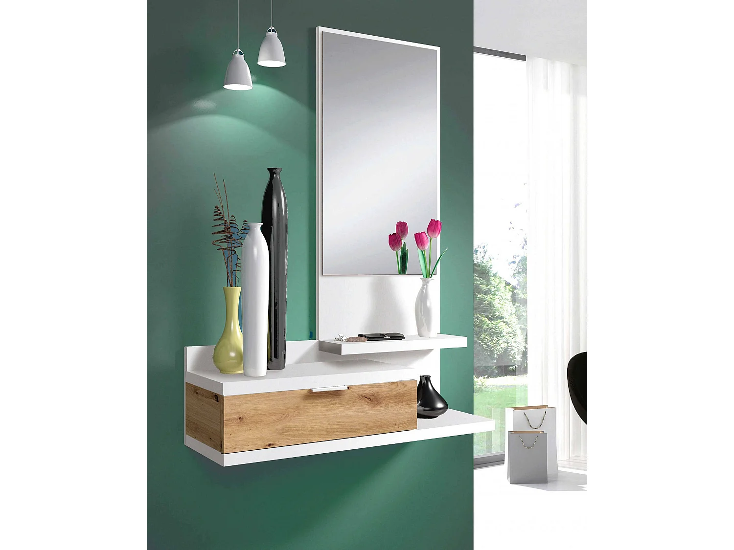 Meuble d'entrée Dmissor, Entrée avec miroir et tiroir, Plateau à poches pour hall d'entrée de petits appartements, 81x29h116 cm, Chêne blanc et noué