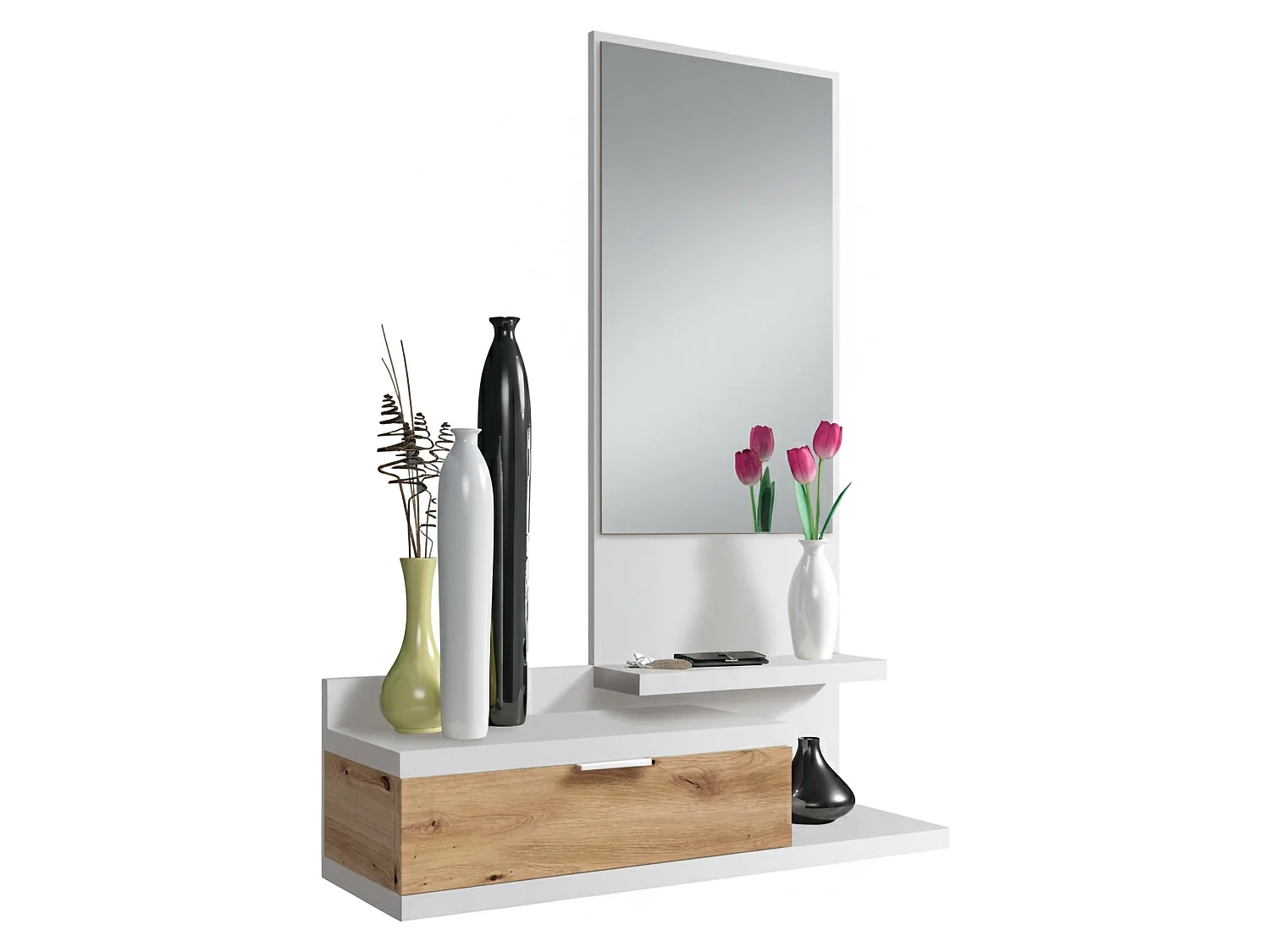 Meuble d'entrée Dmissor, Entrée avec miroir et tiroir, Plateau à poches pour hall d'entrée de petits appartements, 81x29h116 cm, Chêne blanc et noué