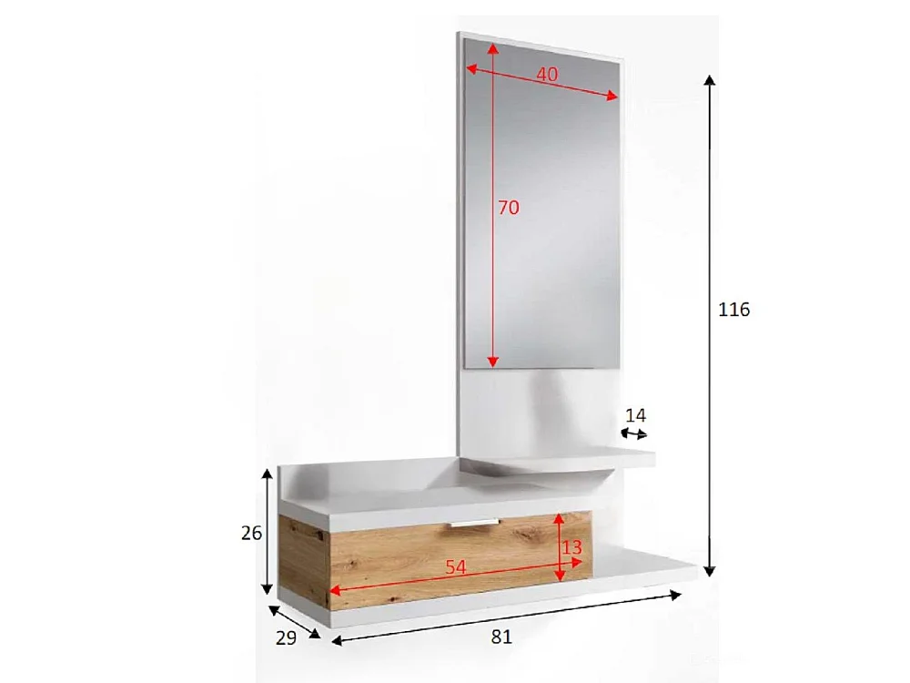 Meuble d'entrée Dmissor, Entrée avec miroir et tiroir, Plateau à poches pour hall d'entrée de petits appartements, 81x29h116 cm, Chêne blanc et noué