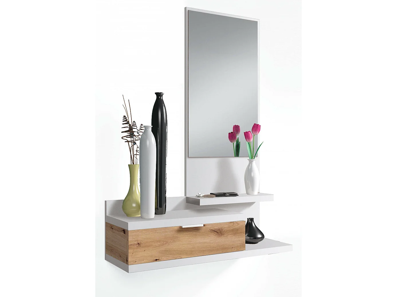 Meuble d'entrée Dmissor, Entrée avec miroir et tiroir, Plateau à poches pour hall d'entrée de petits appartements, 81x29h116 cm, Chêne blanc et noué