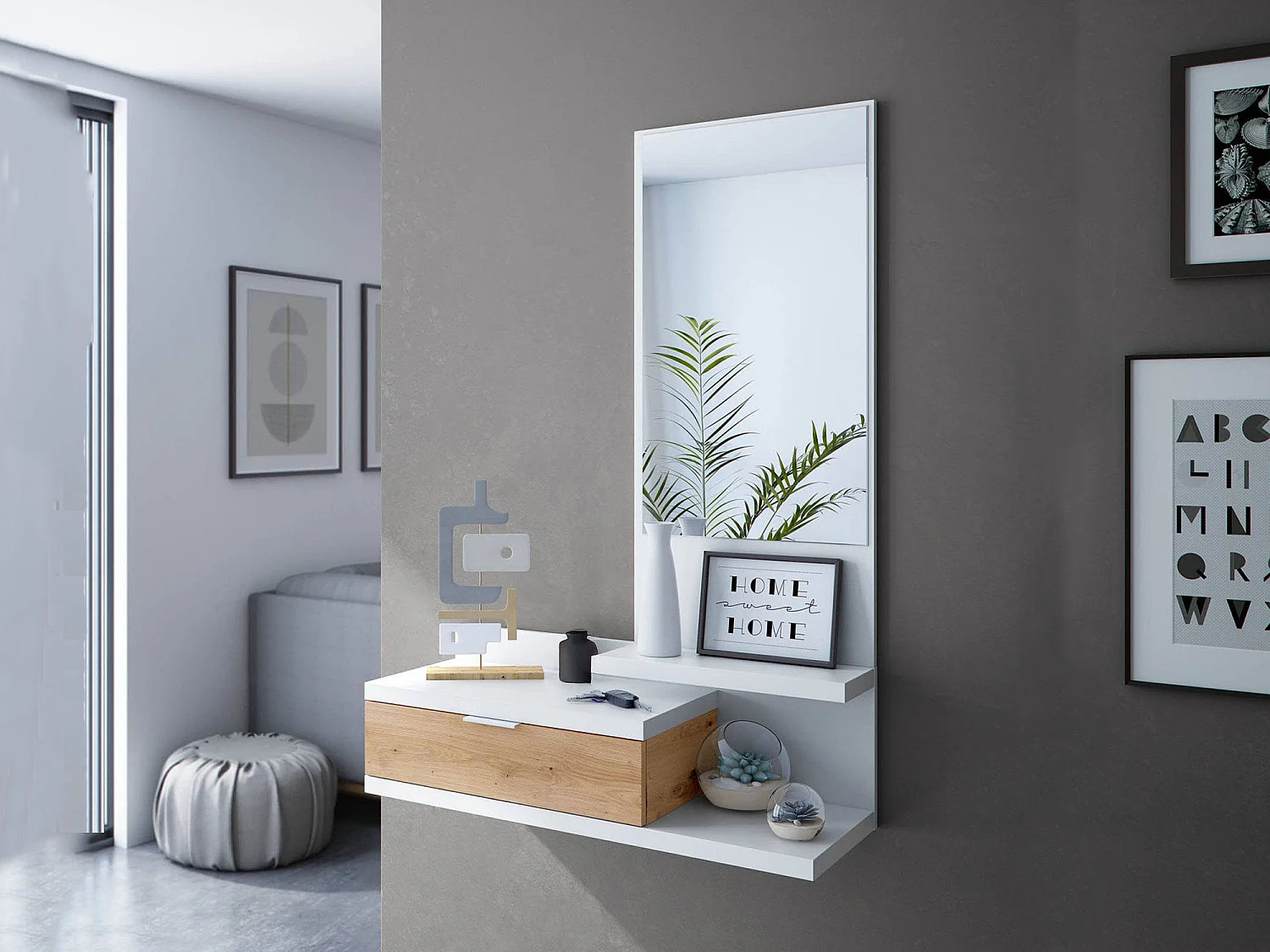 Meuble d'entrée Dmissor, Entrée avec miroir et tiroir, Plateau à poches pour hall d'entrée de petits appartements, 81x29h116 cm, Chêne blanc et noué