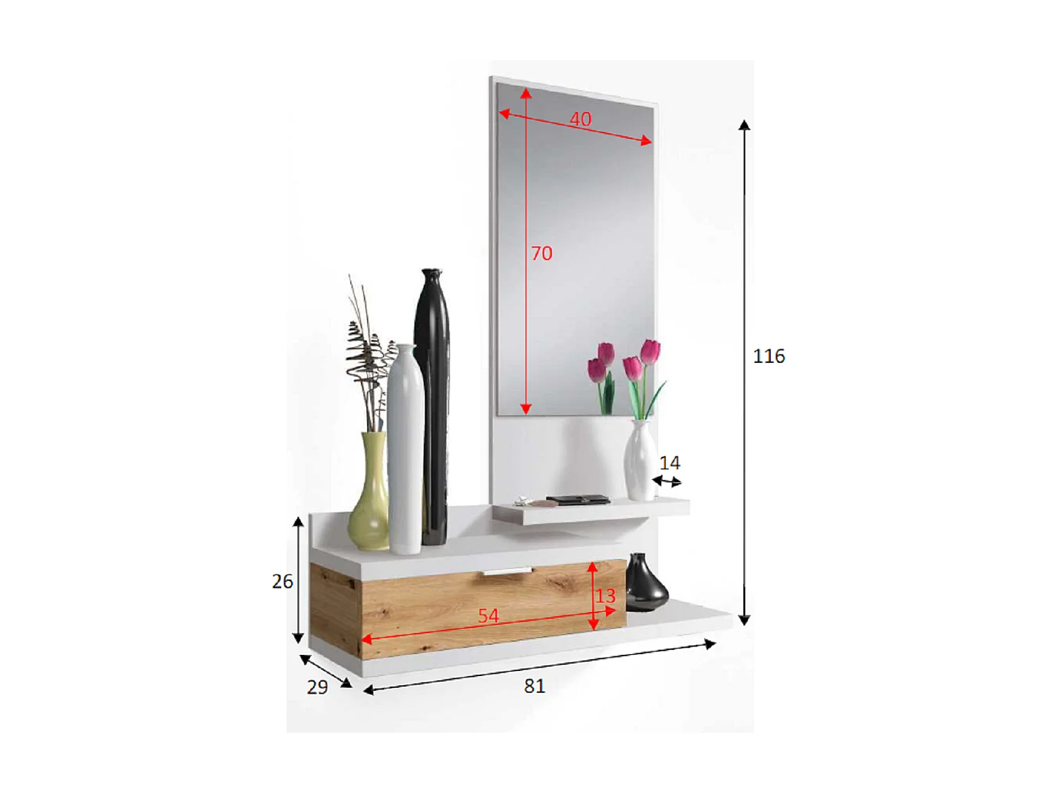 Meuble d'entrée Dmissor, Entrée avec miroir et tiroir, Plateau à poches pour hall d'entrée de petits appartements, 81x29h116 cm, Chêne blanc et noué