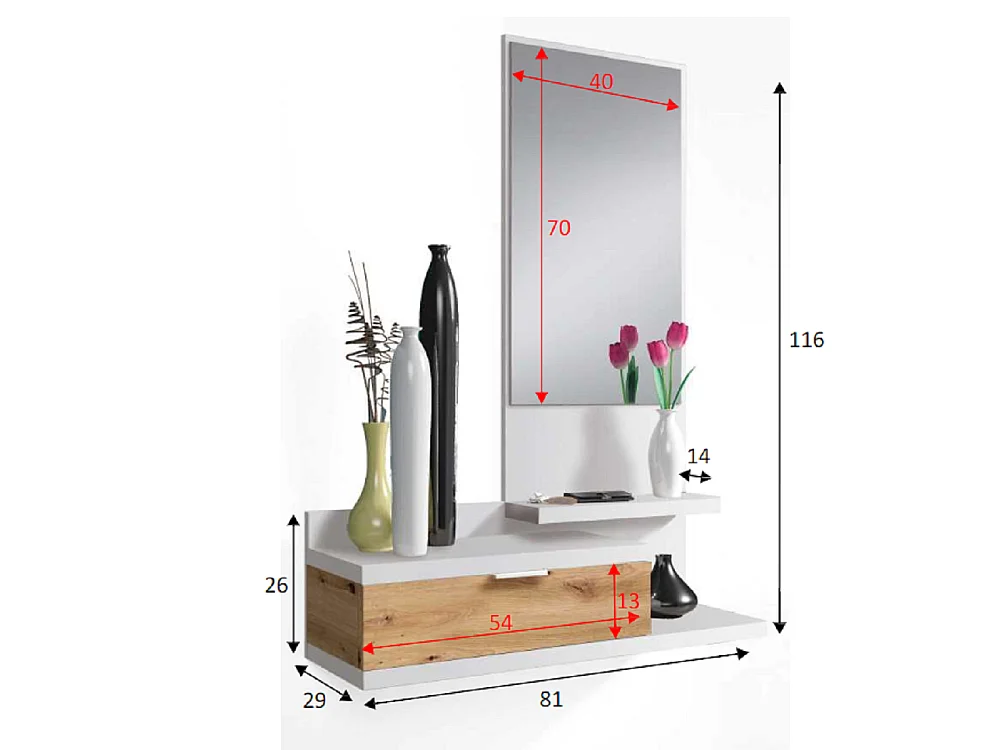 Meuble d'entrée Dmissor, Entrée avec miroir et tiroir, Plateau à poches pour hall d'entrée de petits appartements, 81x29h116 cm, Chêne blanc et noué