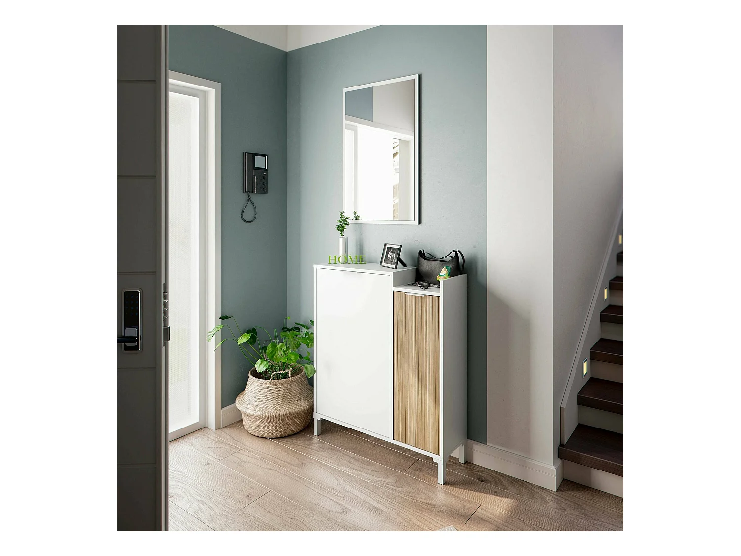 Meuble d'entrée Dodd, Entrée 2 portes, Armoire avec miroir, Rangement multifonctionnel, 77x24h91 cm, Blanc et Chêne
