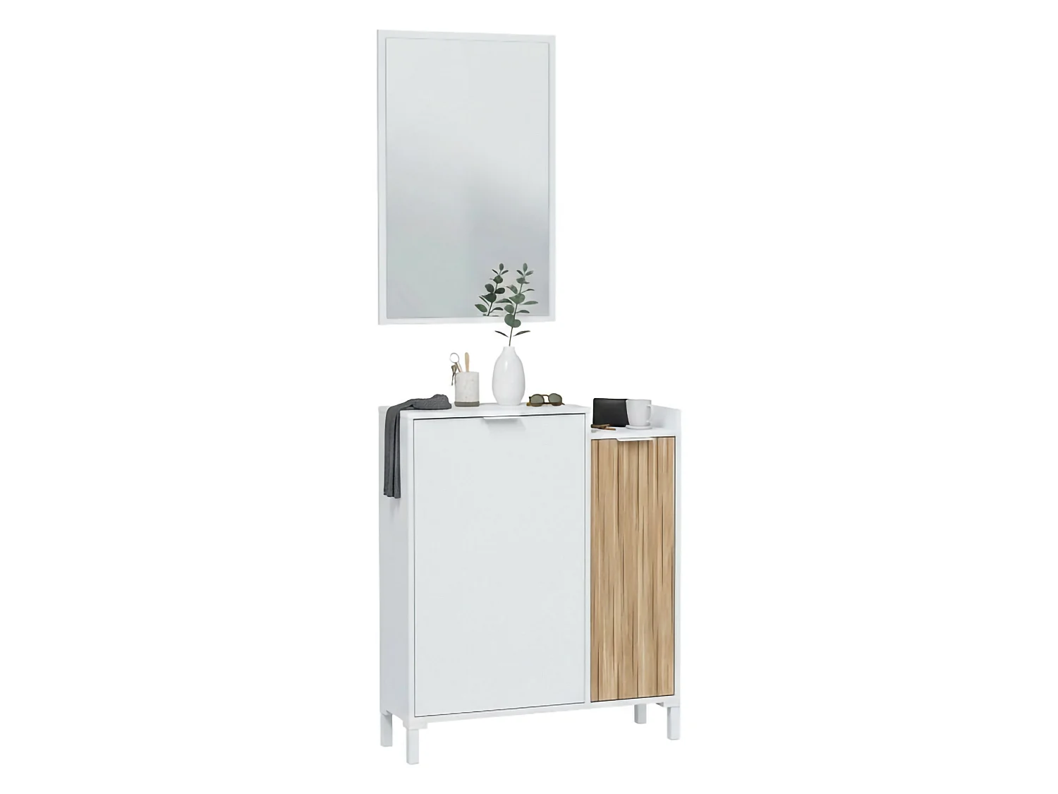 Dodd entreemeubel, Entree met 2 deuren, Kledingkast met spiegel, Multifunctionele opberger, 77x24h91 cm, Wit en Eiken