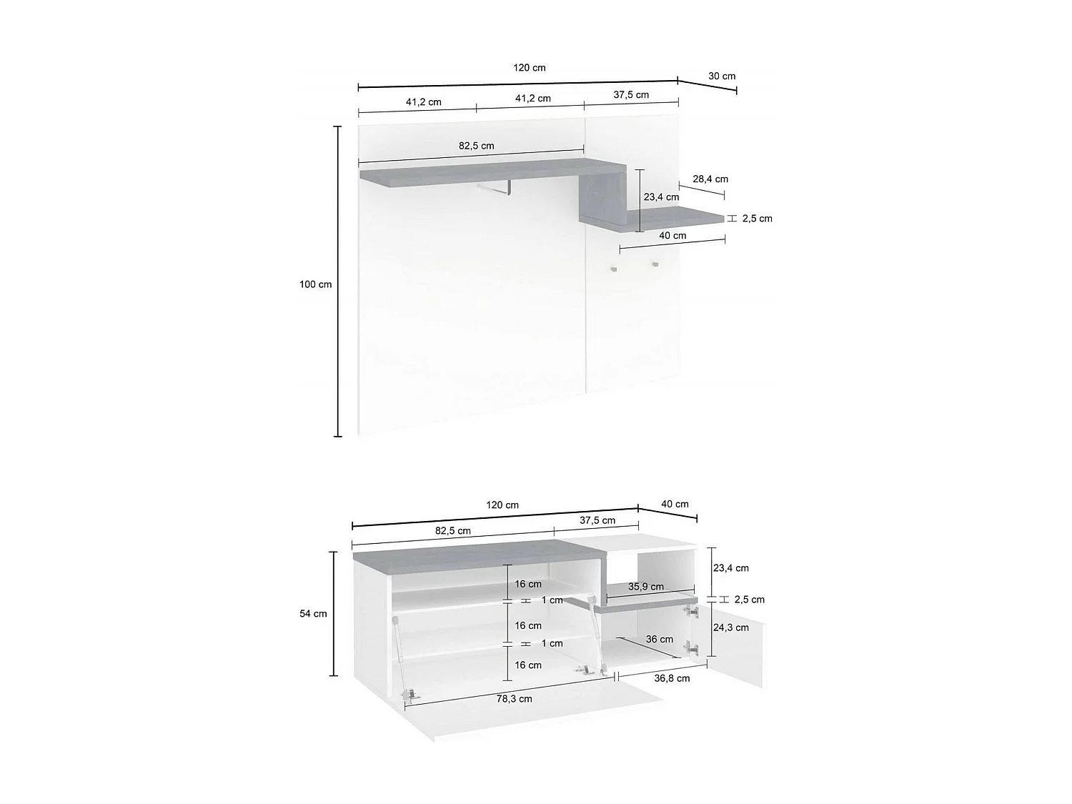 Meuble d'entrée Dpace, entrée multifonction moderne, casier polyvalent pour hall d'entrée, 100% Made in Italy, 120x40h54 cm, blanc brillant et ardoise