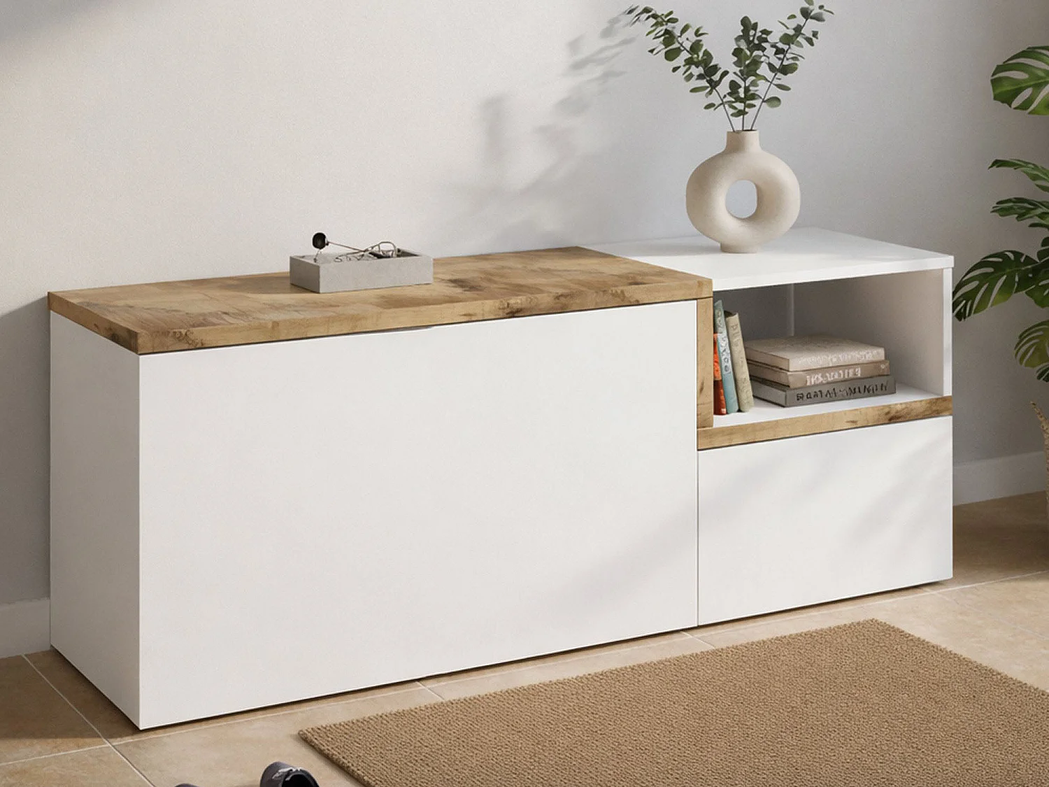 Meuble d'entrée Ddarmia, entrée multifonction moderne, casier polyvalent pour hall d'entrée, 100% Made in Italy, 120x40h54 cm, blanc brillant et érable