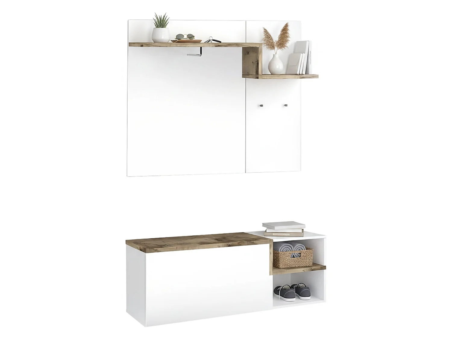 Meuble d'entrée Graziella, 3 étagères fabriqué en Italie, 120x40x154h cm blanc laqué, porte-manteau, 2 portes