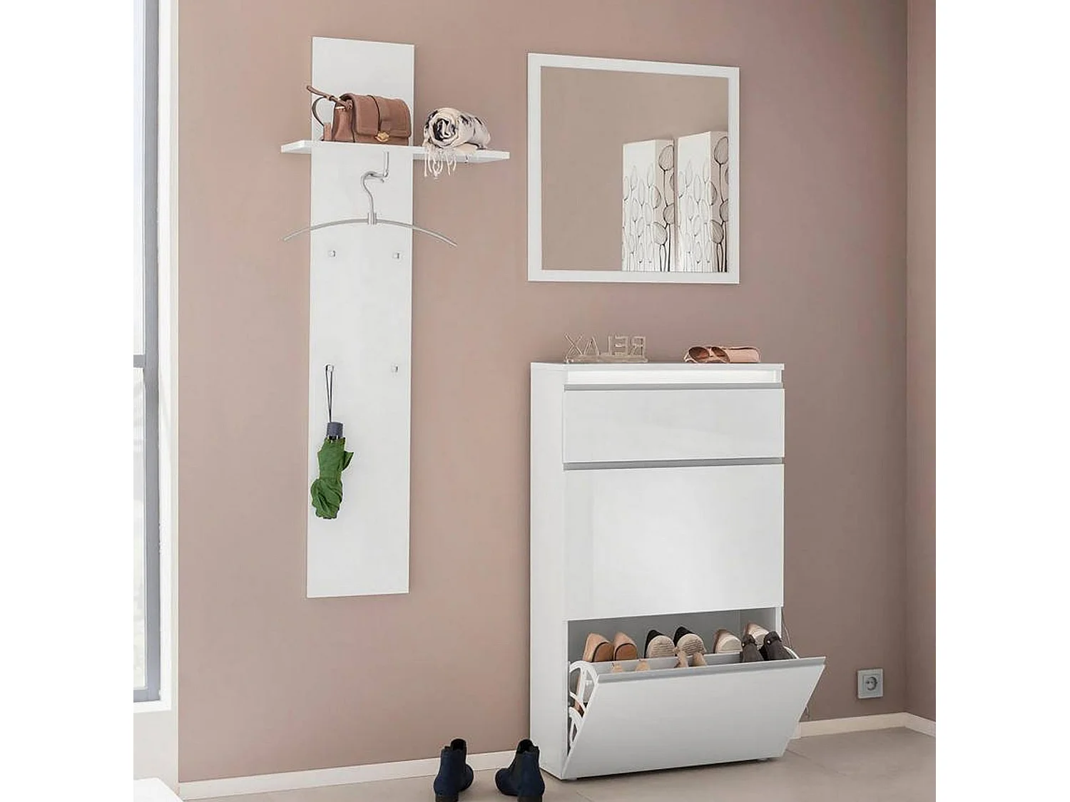 Mobilier d'entrée Dlentin, Entrée multifonction moderne, Casier polyvalent pour hall d'entrée, 100% Made in Italy, 50x27h140 cm, Blanc brillant