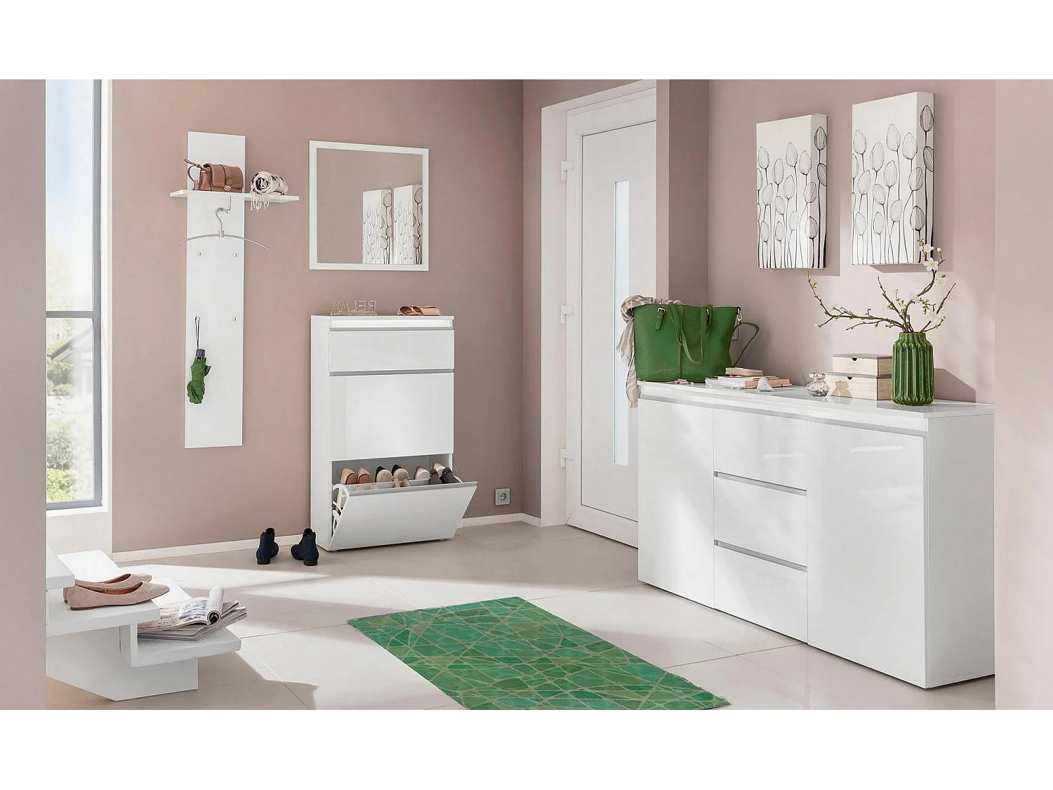Mobilier d'entrée Dlentin, Entrée multifonction moderne, Casier polyvalent pour hall d'entrée, 100% Made in Italy, 50x27h140 cm, Blanc brillant