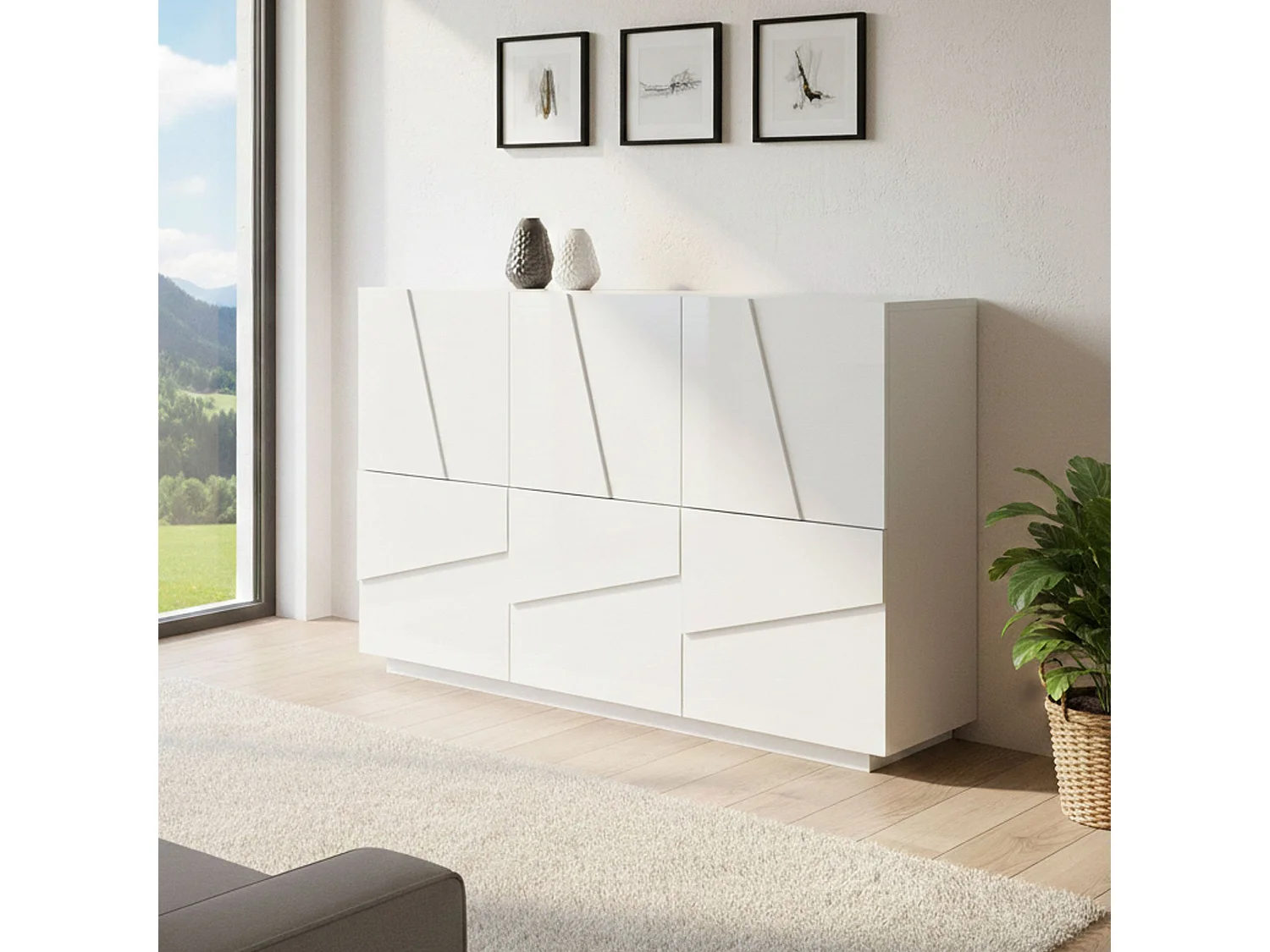 Buffet Dcircat, Buffet de salon multifonction, Buffet de salon 3 portes, 100% Made in Italy, 121x38h86 cm, Blanc brillant