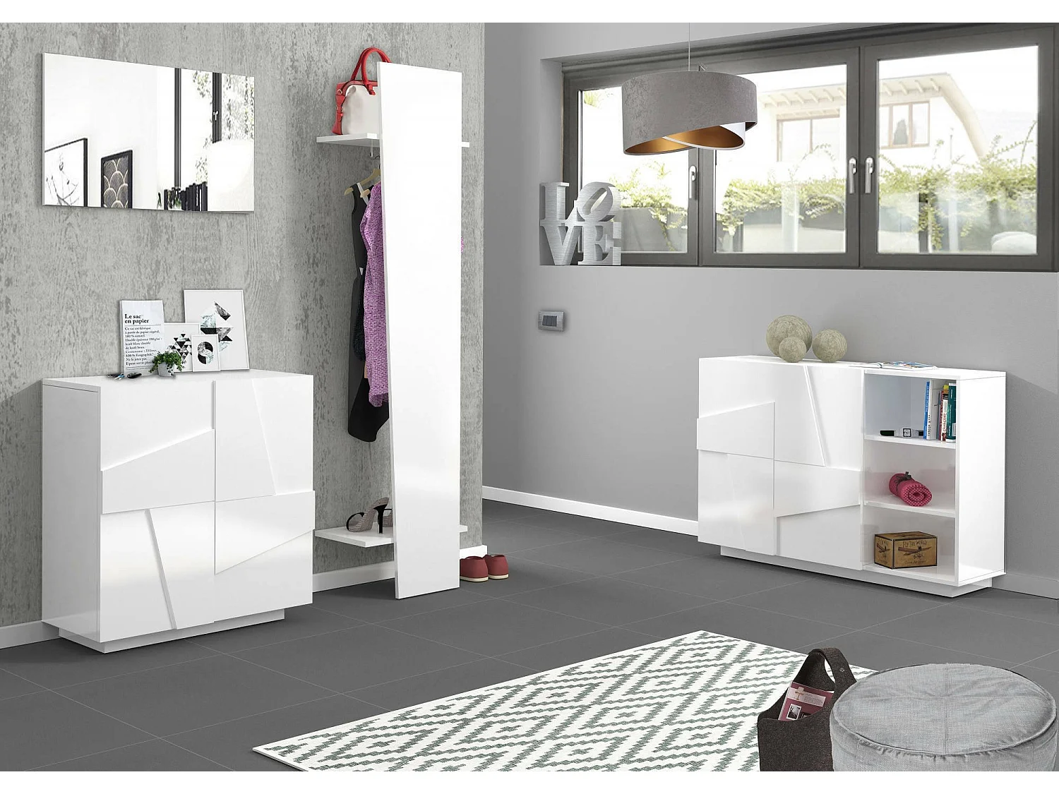 Eingangsmöbel Dmartí, Moderner Multifunktionseingang, Mehrzweckschrank für Atrium, 100% Made in Italy, cm 121x38h86, glänzend weiß