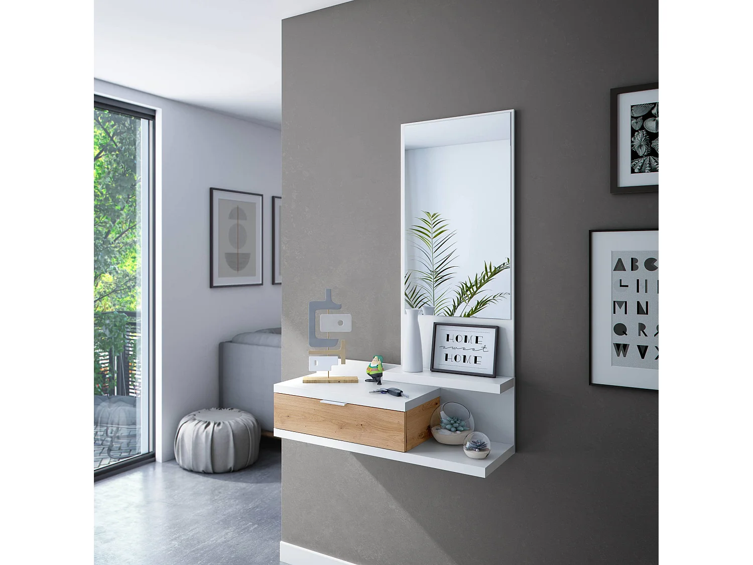 Meuble d'entrée Tijuana, Entrée avec miroir et tiroir, Plateau à poches pour hall d'entrée de petits appartements, 81x29h116 cm, Chêne blanc et noué