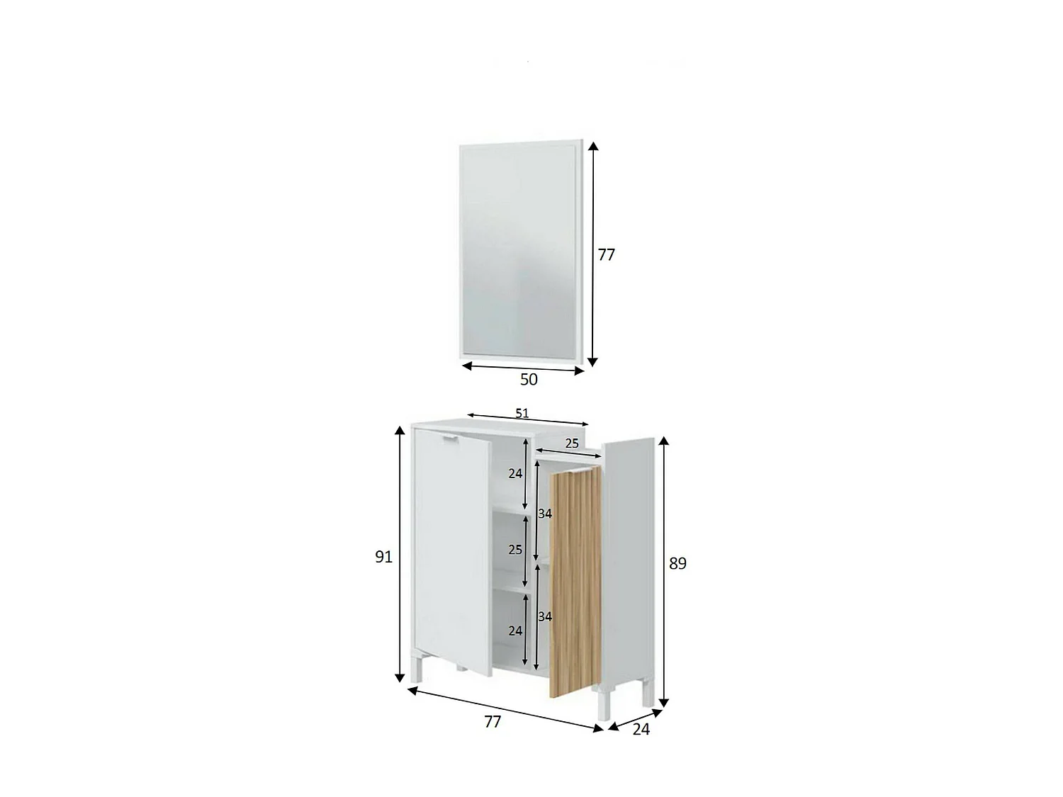 Meuble d'entrée Williamsport, Entrée 2 portes, Armoire avec miroir, Rangement multifonctionnel, 77x24h91 cm, Blanc et Chêne