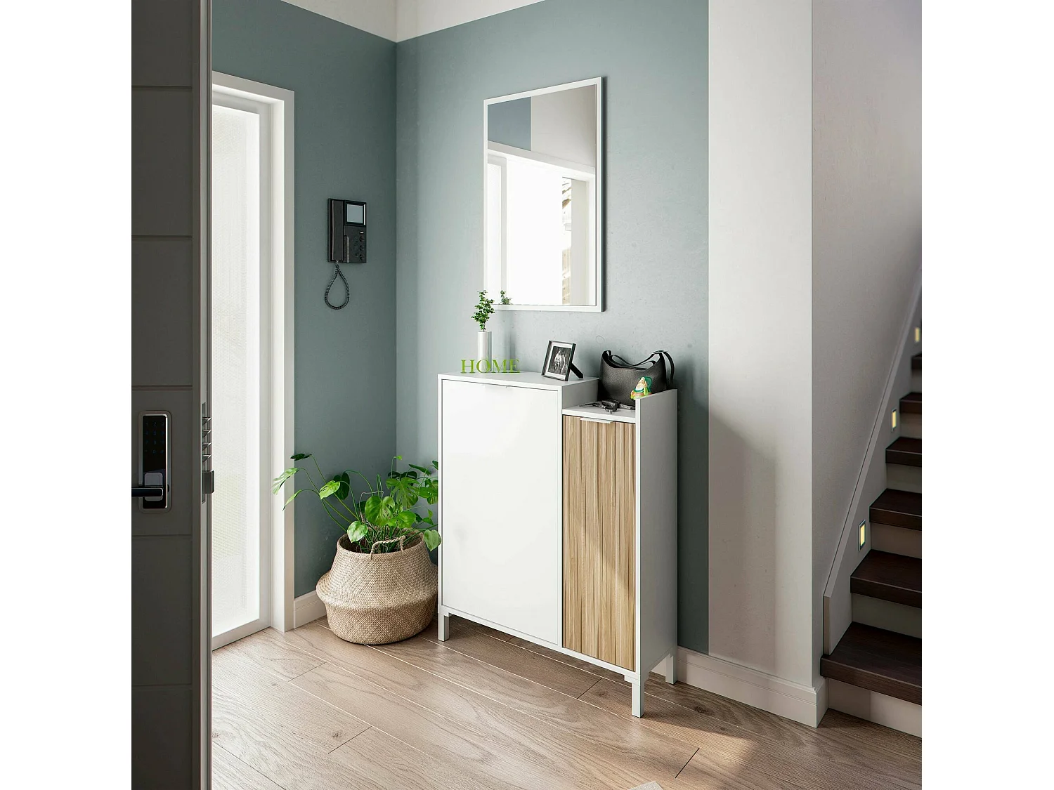 Meuble d'entrée Williamsport, Entrée 2 portes, Armoire avec miroir, Rangement multifonctionnel, 77x24h91 cm, Blanc et Chêne