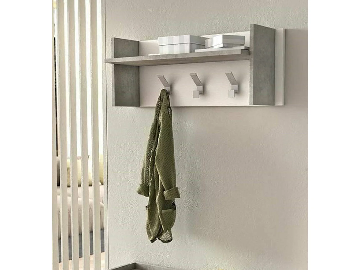 Eingangsmöbel Dkornvi, Garderobenständer mit 3 Haken, Regal zur Aufbewahrung im Flur, 100% Made in Italy, 90x29h34 cm, WeiÃŸ und Beton