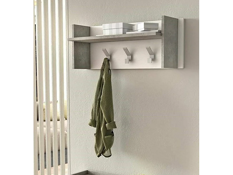 Mobilier d'entrée Dkornvi, Cintre avec 3 crochets, Etagère de rangement d'entrée, 100% Made in Italy, 90x29h34 cm, Blanc et Ciment