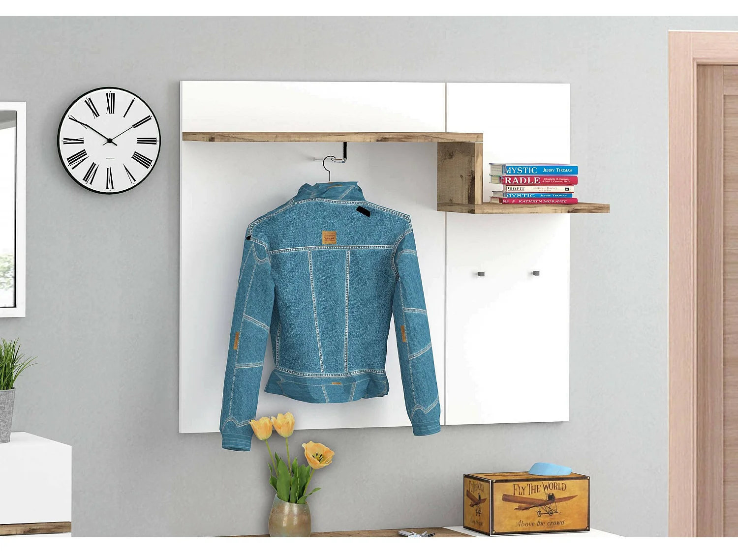 Dcugnat entreemeubilair, moderne multifunctionele entree, multifunctionele locker voor inkomhal, 100% Made in Italy, 120x30h100 cm, glanzend wit en esdoorn