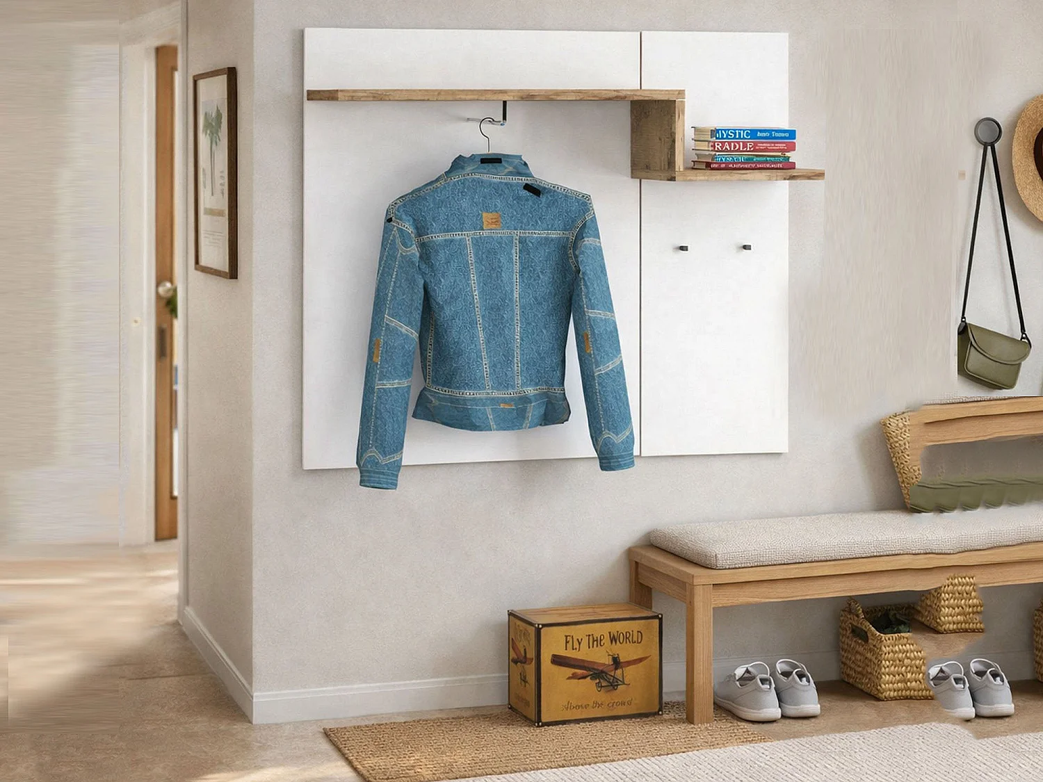 Dcugnat entreemeubilair, moderne multifunctionele entree, multifunctionele locker voor inkomhal, 100% Made in Italy, 120x30h100 cm, glanzend wit en esdoorn