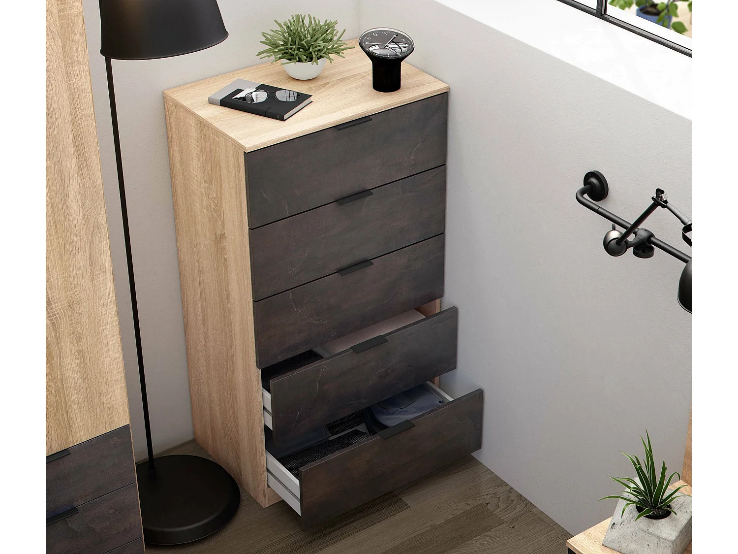 Cômoda Dhvali, cômoda com 5 gavetas, cômoda para quarto, cômoda moderna, 60x40h110 cm, carvalho e antracite
