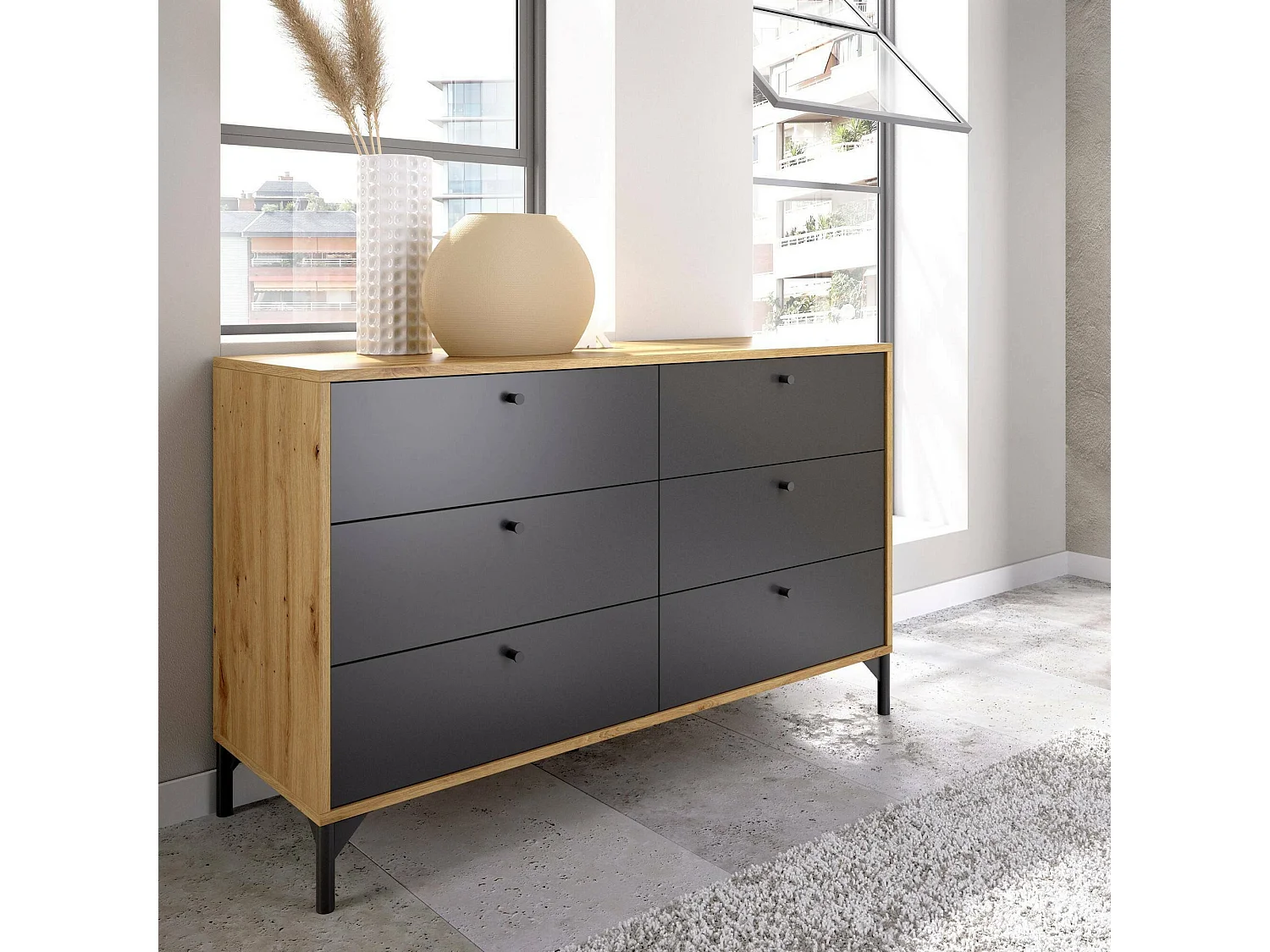 Commode Dlogozz, Commode de chambre, Commode avec 6 tiroirs, 120x40h82 cm, Chêne et Anthracite
