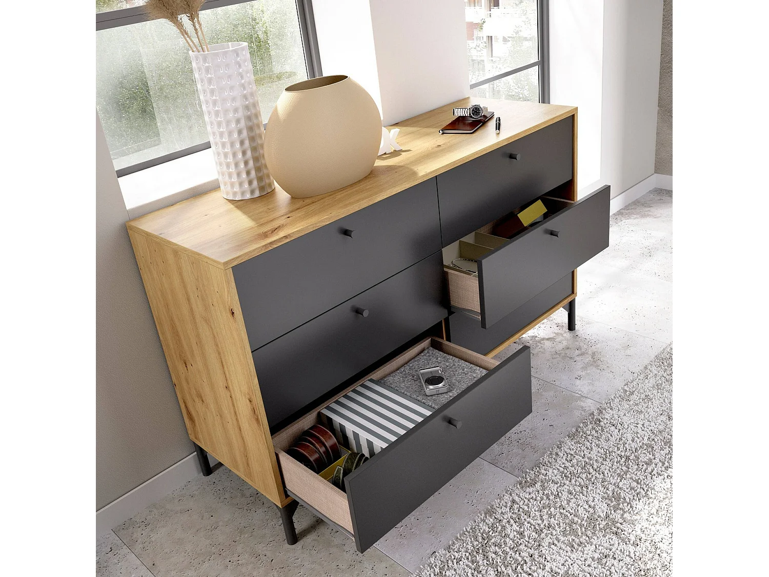 Commode Dlogozz, Commode de chambre, Commode avec 6 tiroirs, 120x40h82 cm, Chêne et Anthracite