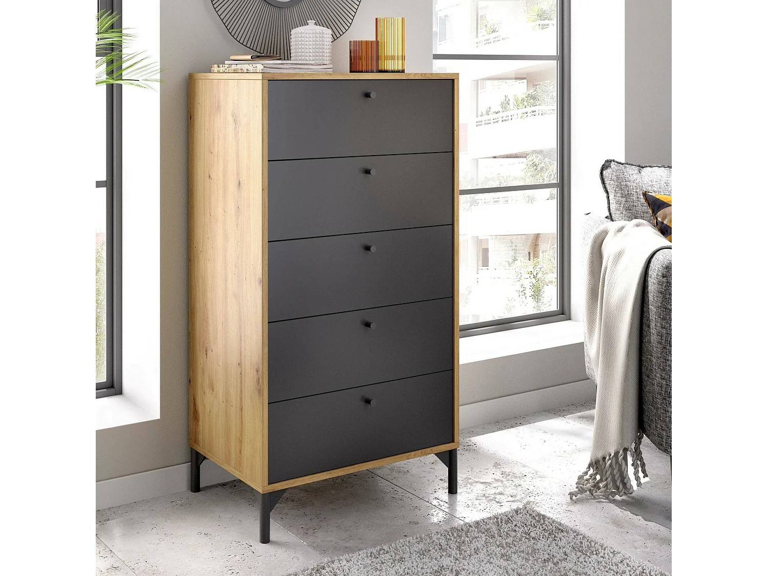 Commode Dlovati, Commode pour la chambre, Commode avec 5 tiroirs, 60x40h127 cm, Chêne et Anthracite