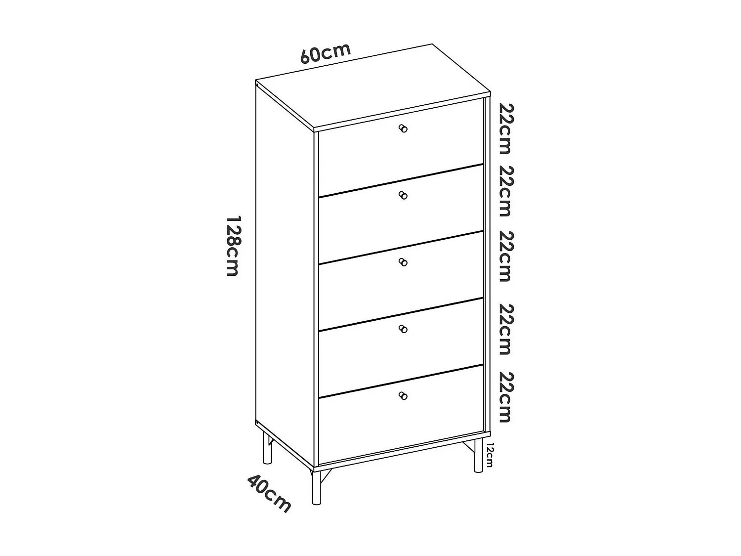Commode Dlovati, Commode pour la chambre, Commode avec 5 tiroirs, 60x40h127 cm, Chêne et Anthracite