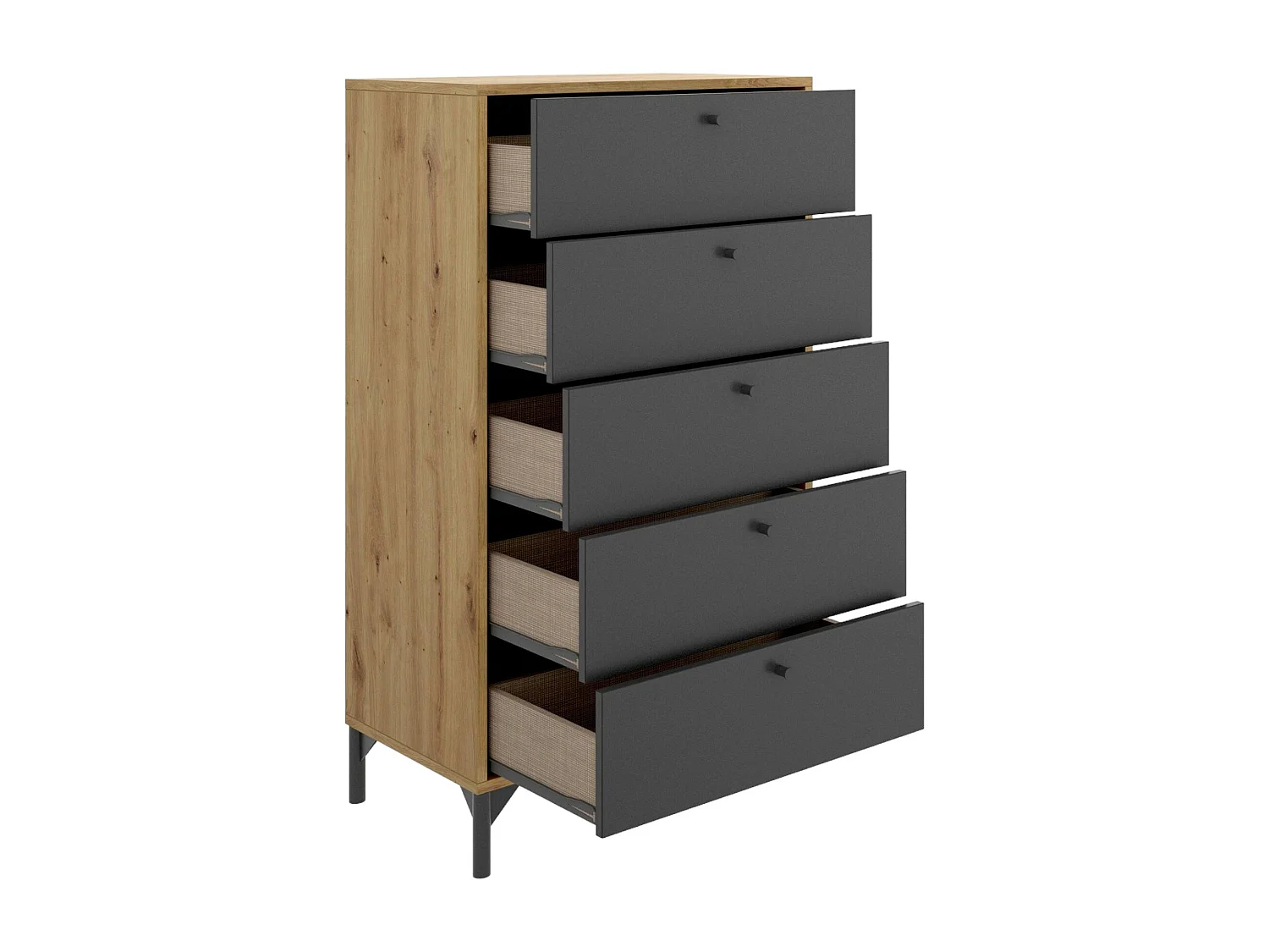 Commode Dlovati, Commode pour la chambre, Commode avec 5 tiroirs, 60x40h127 cm, Chêne et Anthracite