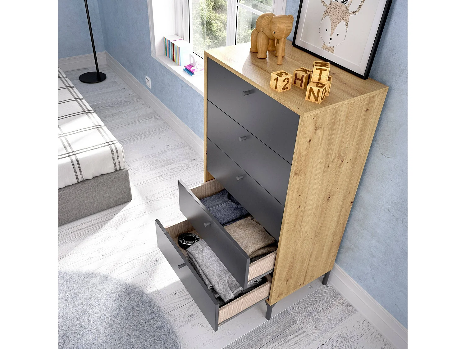 Commode Dlovati, Commode pour la chambre, Commode avec 5 tiroirs, 60x40h127 cm, Chêne et Anthracite