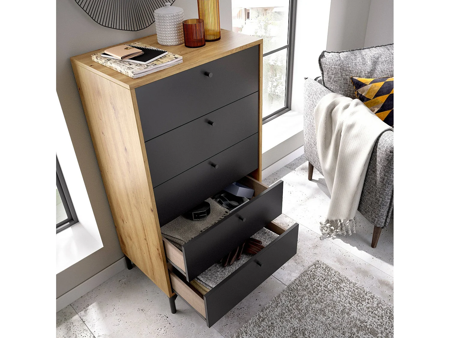 Commode Dlovati, Commode pour la chambre, Commode avec 5 tiroirs, 60x40h127 cm, Chêne et Anthracite