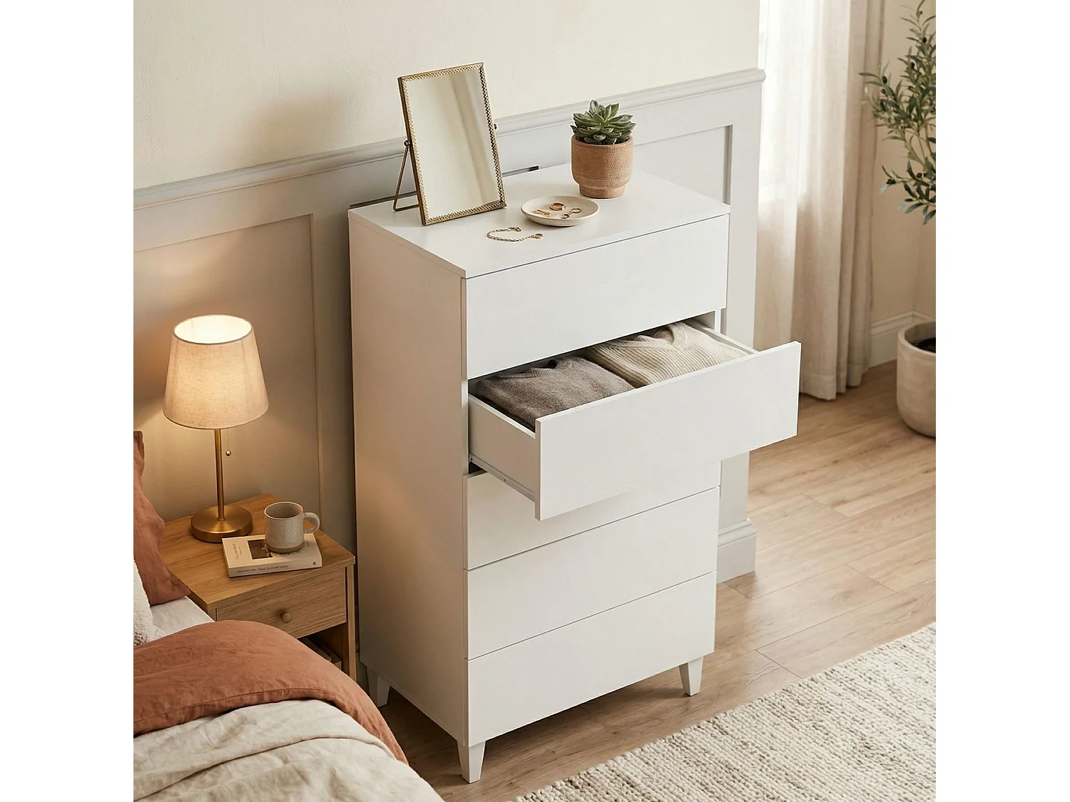 Commode Dmarco, commode à 5 tiroirs, commode pour la chambre, commode moderne, 61x40h117 cm, blanc