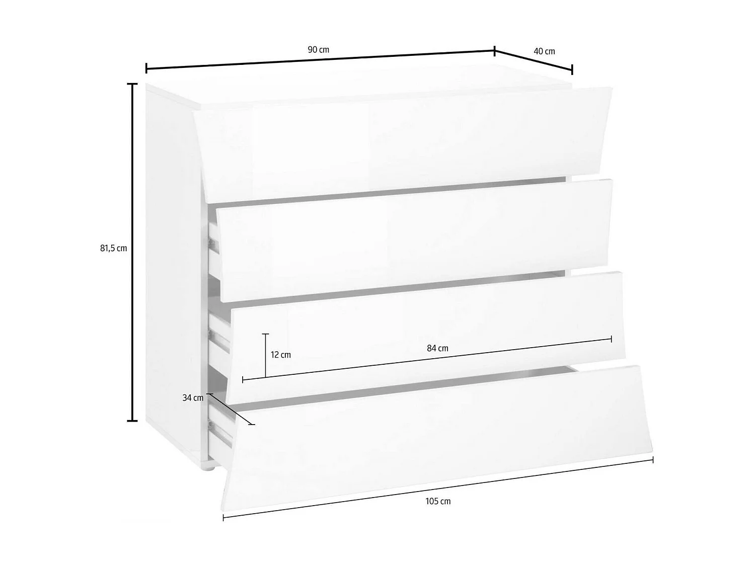 Commode Dabraha, Commode 4 tiroirs, Commode de chambre, 100% Made in Italy, 98x40h82 cm, Blanc brillant