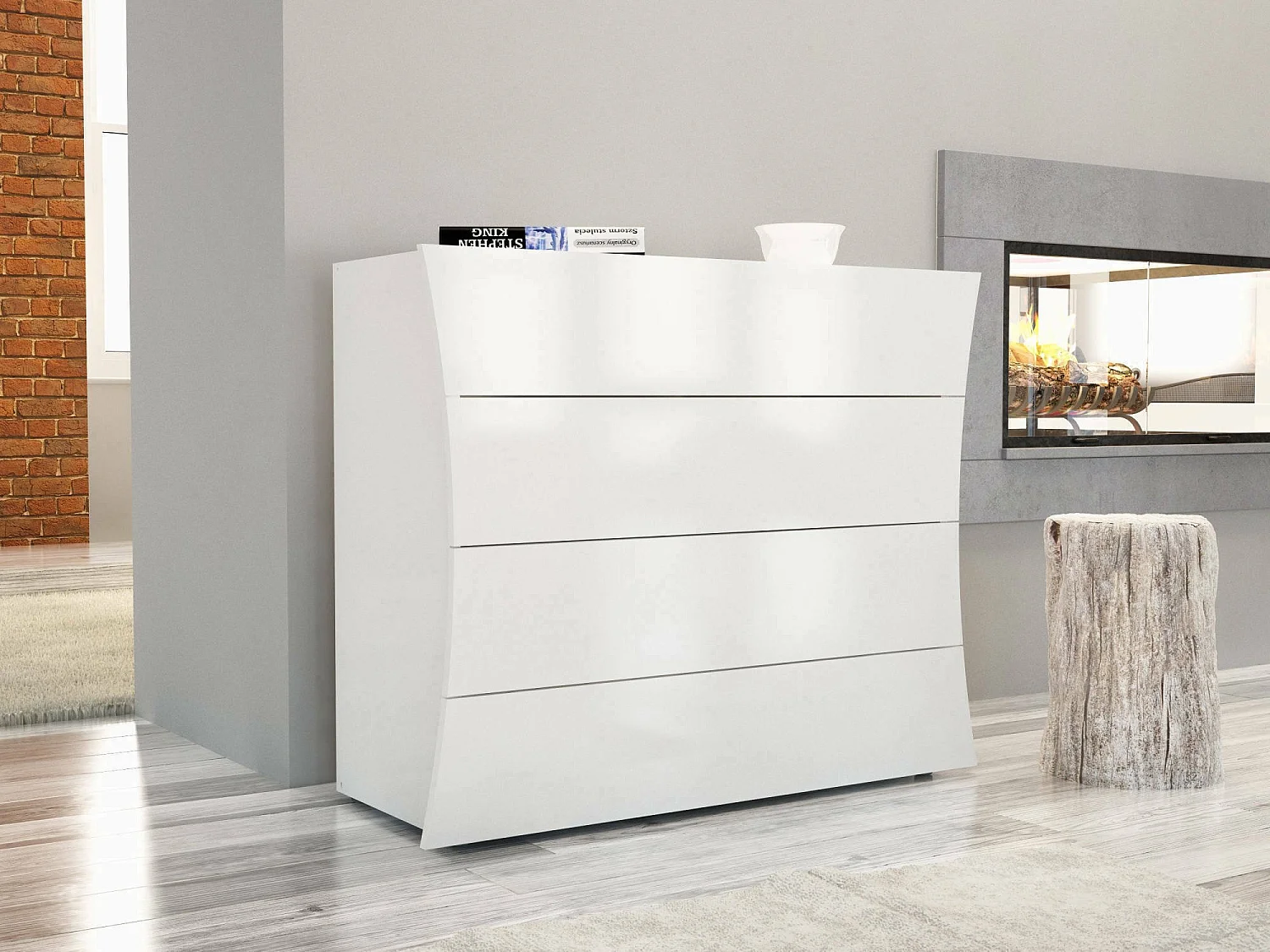 Commode Dabraha, Commode 4 tiroirs, Commode de chambre, 100% Made in Italy, 98x40h82 cm, Blanc brillant