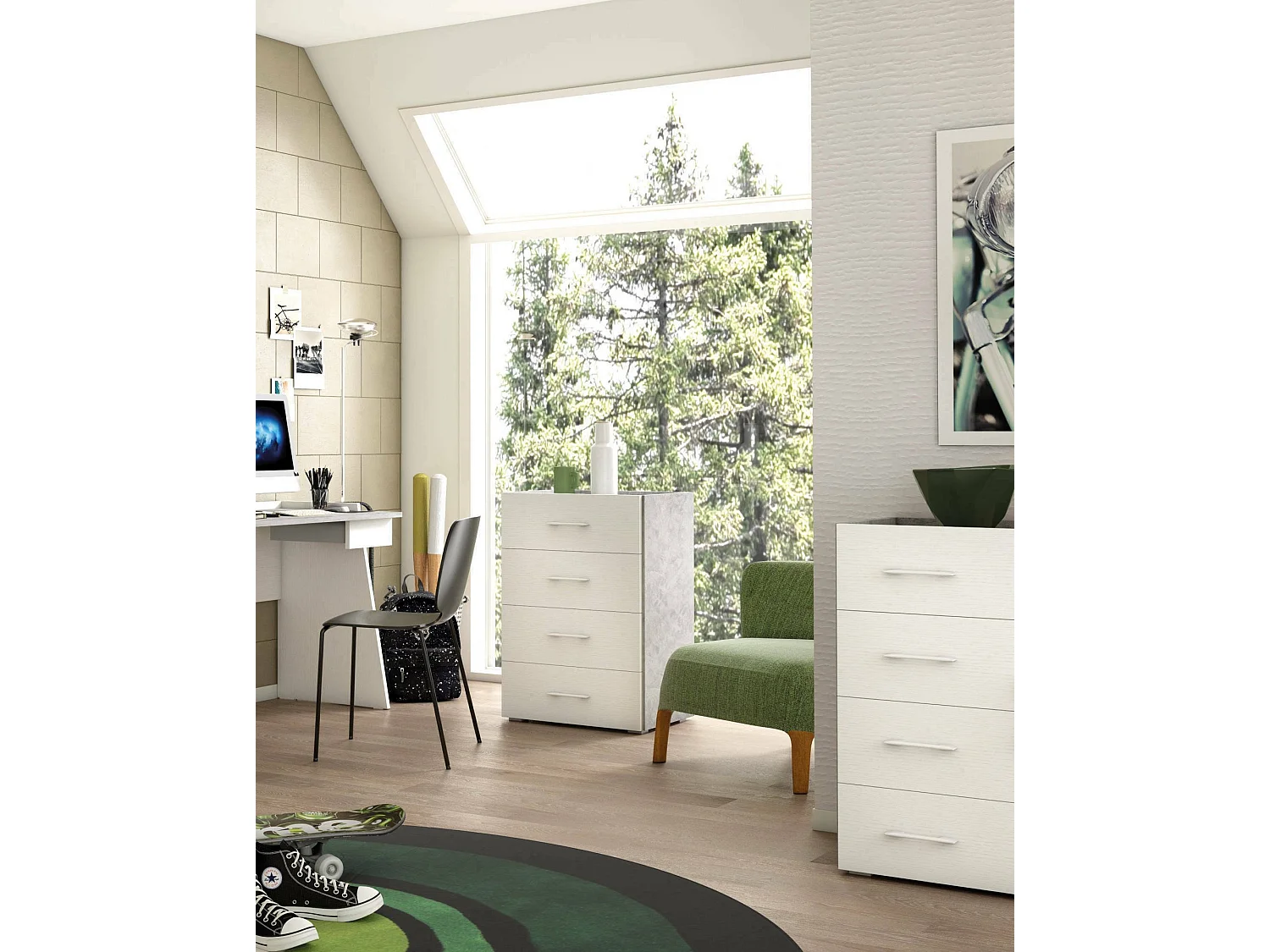 Commode Dmagli, Commode 4 tiroirs pour la chambre, Bureau polyvalent ou meuble d'étude, 60x41h87 cm, Ciment et Blanc
